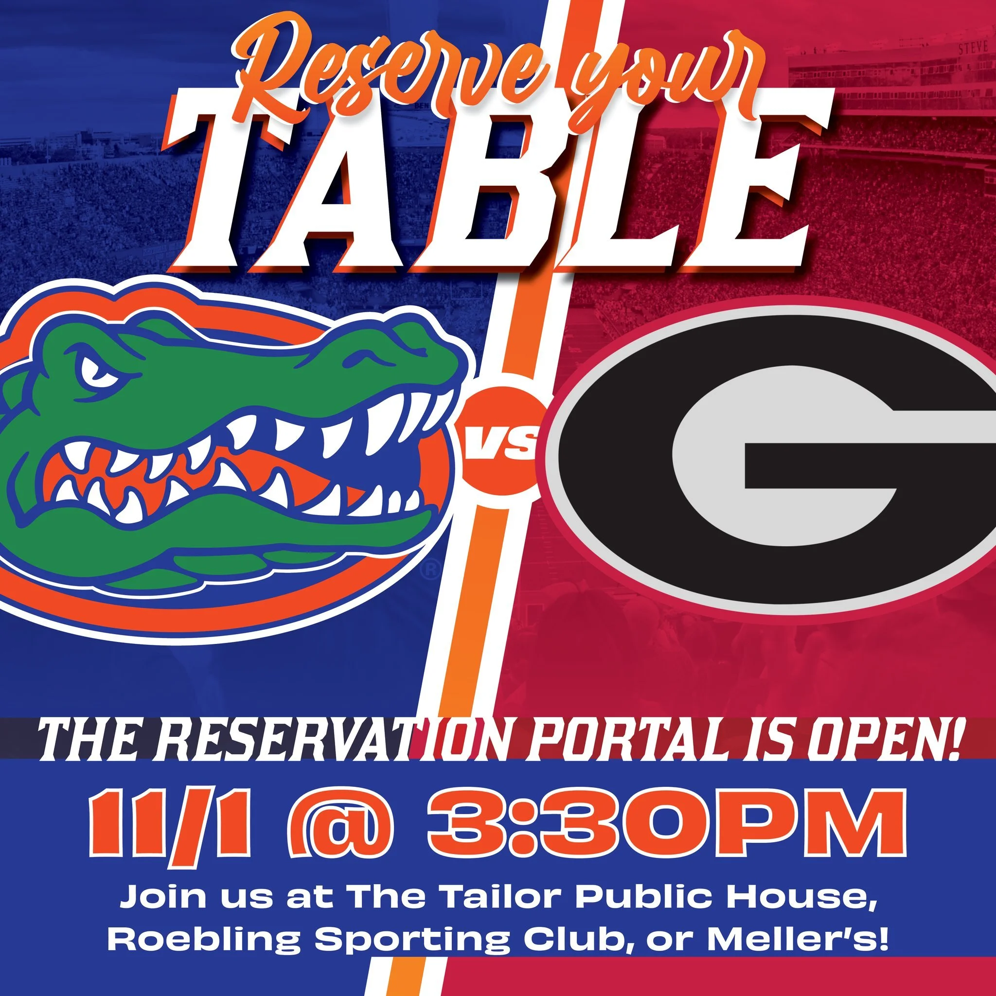 The Gotham Gators viewing party reservation portal is open! Reserve your table and join us at @thetailorpublic, @roeblingnyc or @mellers_sportshub for the @gatorsfb game this Saturday at 3:30pm! Reserve your table at the link in our bio. #GoGators #B