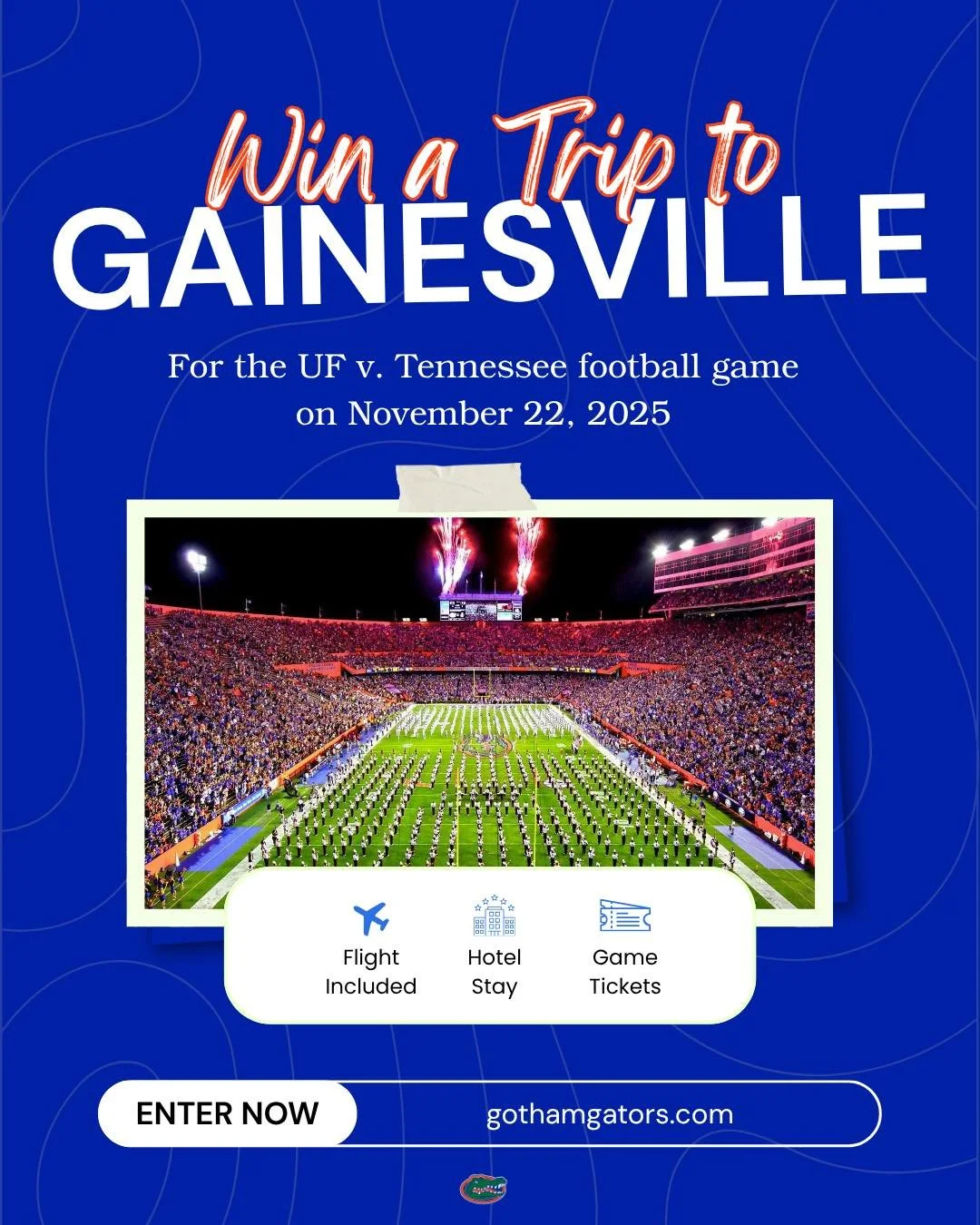 Win a trip to the UF v. Tennessee game in Gainesville! 
The trip includes airfare, hotel, and 2 game tickets, all donated by The Tailor Public House. 
The winner will be drawn this Saturday during half time against Georgia. You do not need to be pr