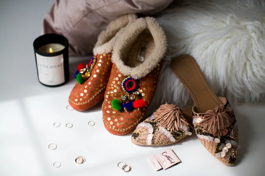 Llani Moc w/ Baubles in Spice (coming Fall 2017) and Embellished Room Slide in Peche photographed with Catbird Rings & After Hours Candle 