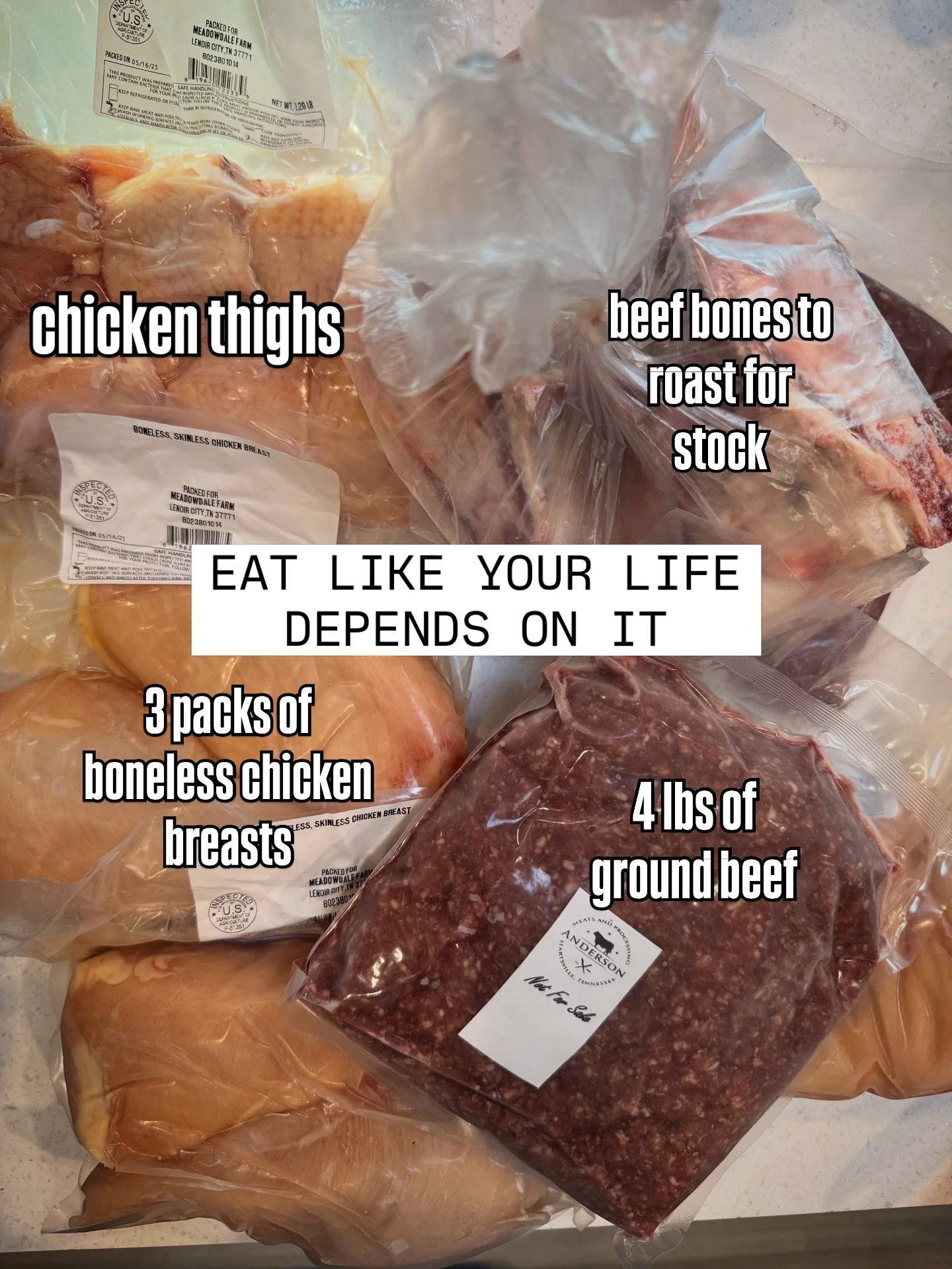 The meat drawer in the fridge was empty! 

We've been eating spring eggs for supper a lot lately in scrambled stir fries, sammies, egg tacos, and omelettes.

Just restocked meat from our chest freezers. We stock up on chicken, beef, and turkey once a