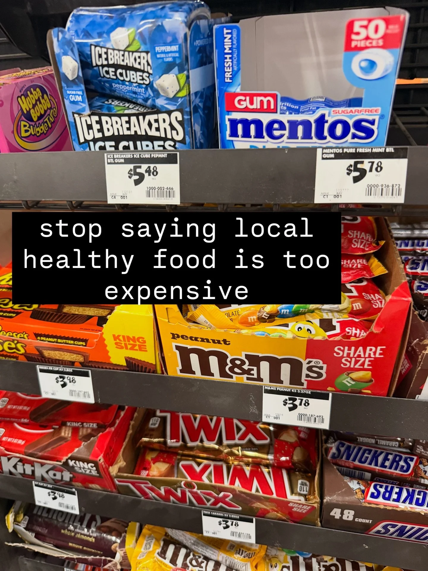Wow&hellip;crappy candy is expensive!

A tiny 3.27 oz bag of Peanut M&amp;Ms at Home Depot here costs $3.78 &mdash; and with sales tax, that&rsquo;s about $4.13. It packs roughly 460 calories, 8 grams of protein, and 45 grams of sugar. The ingredient