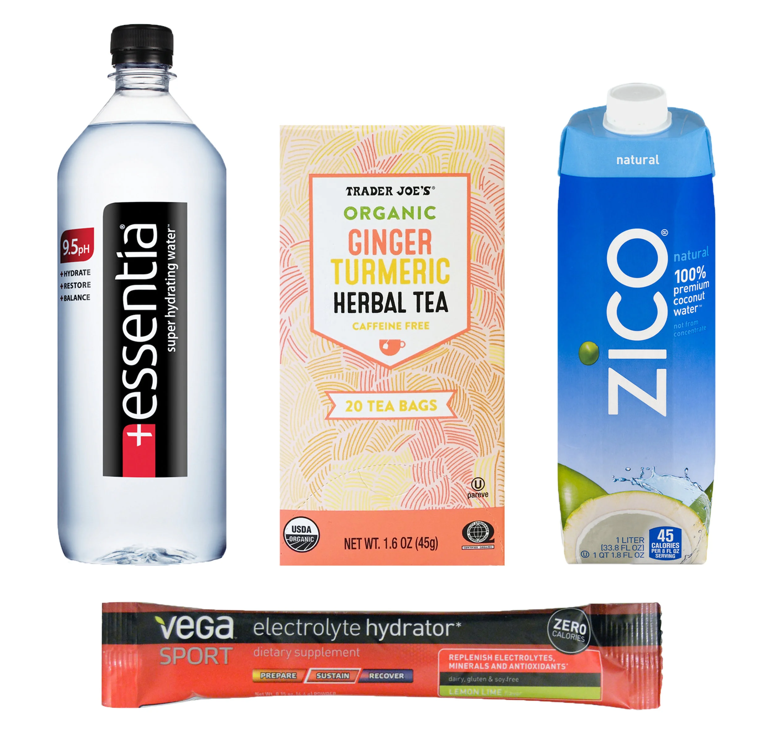Hydration Nation // a few of ALB's favorite good-for-you hydrating essentials. Essentia alkaline water, Trader Joe's Organic Ginger Turmeric herbal tea, Zico Coconut Water, and Vega Sport electrolyte powder.