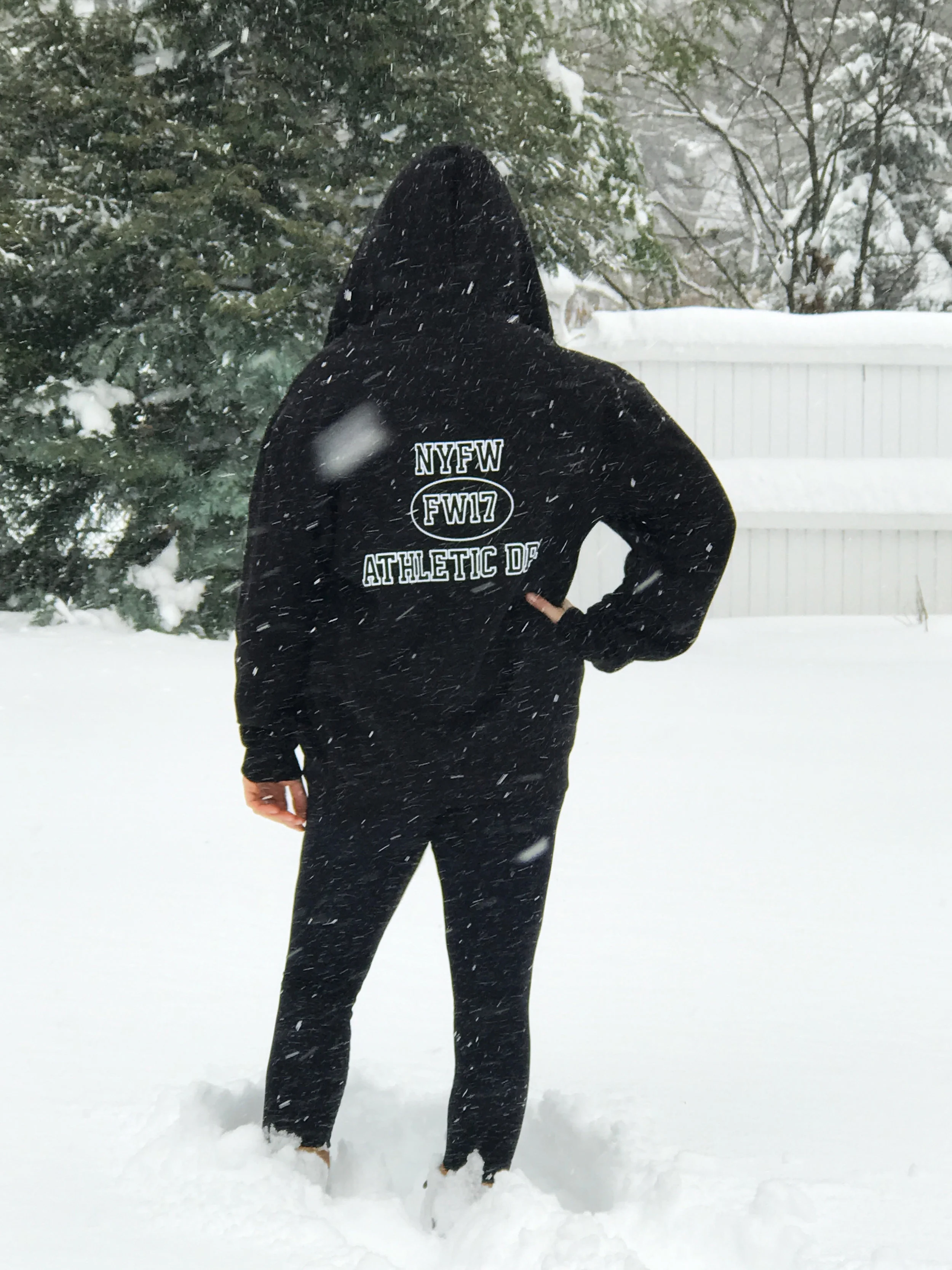 ALB braving Winter Storm Niko in her MILLENNIAL NYFW Athletic Department Hoodie.