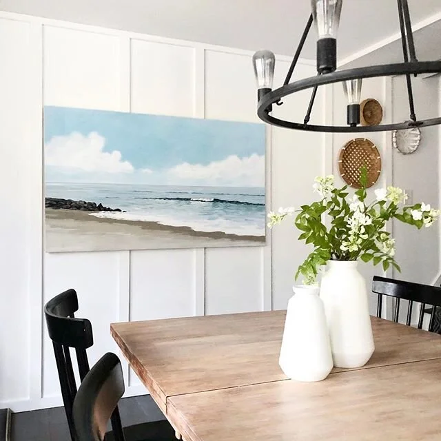 Our new white board and batten wall is the biggest and brightest spot in the house to take a photo of this giant 36&rdquo;x60&rdquo; seascape &mdash;> Swipe to see a before pic of this space, and again to see how this space looks on a regular day 