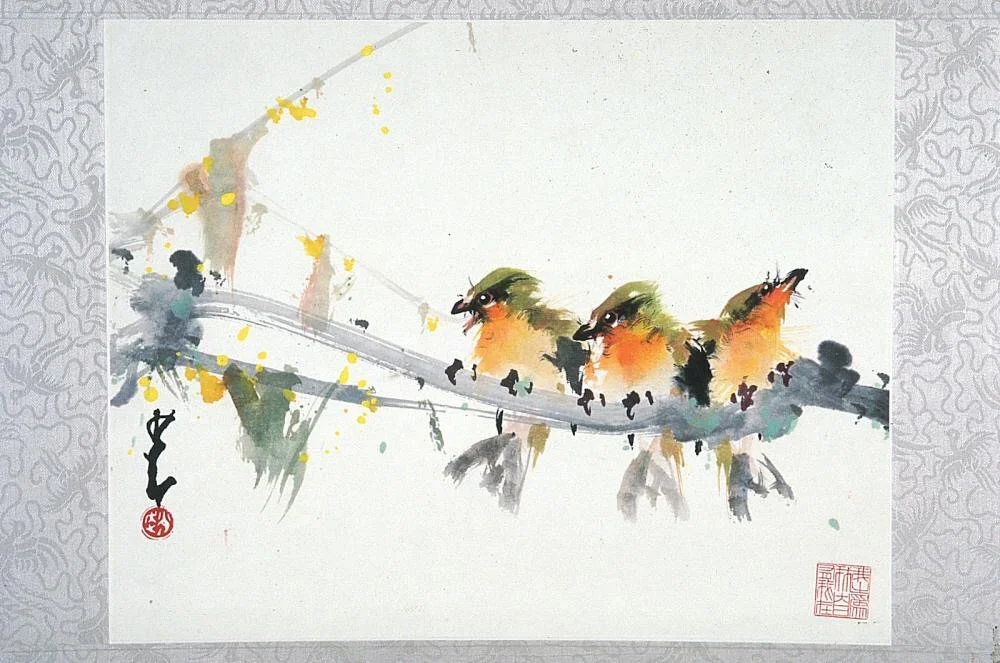 Birds in spring (現代 趙少昂繪 群鳥迎春 紙本設色) Date: approx. 1980-1990 Materials: Ink and colors on paper