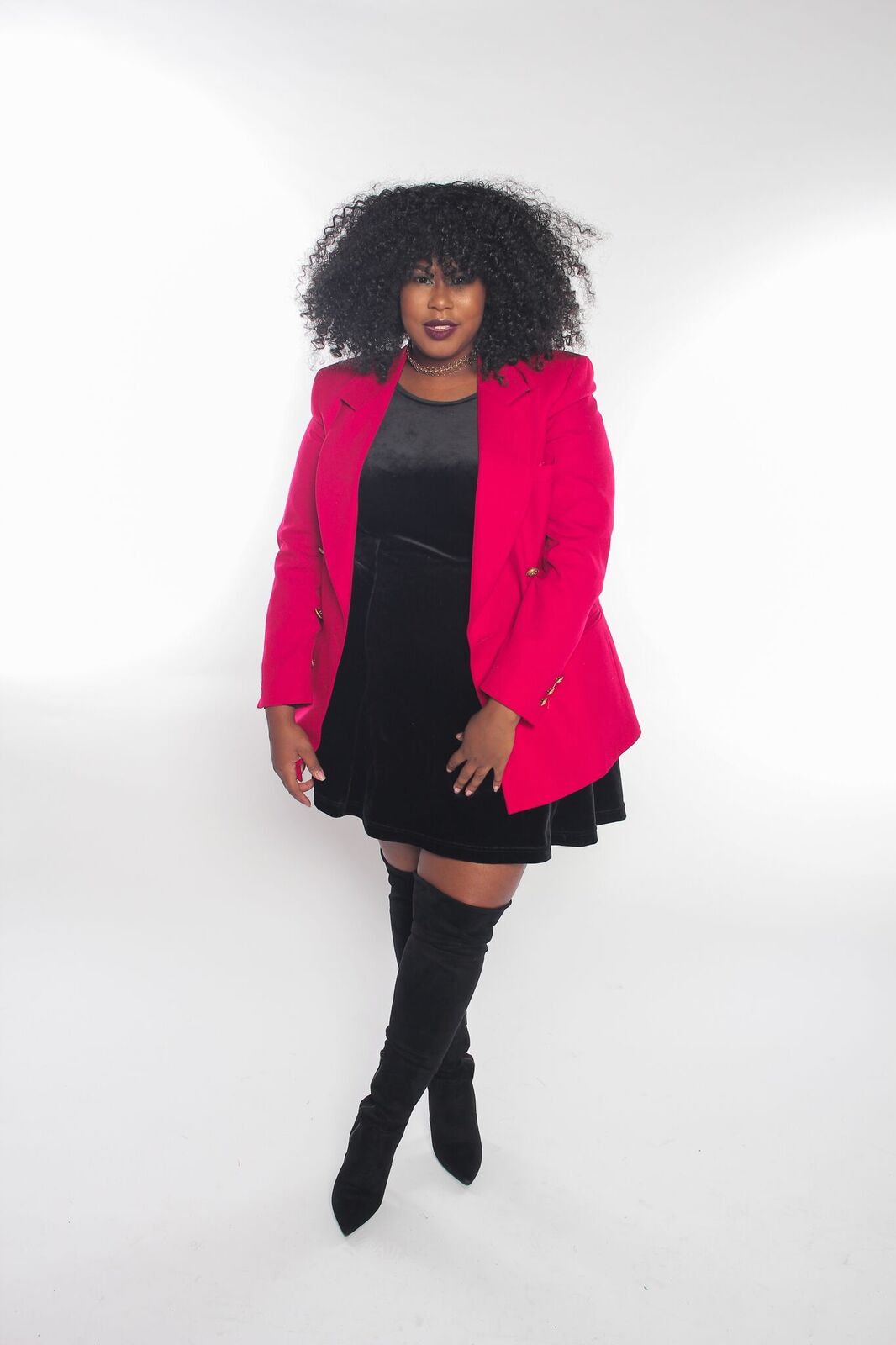 Christena's velvet dress was only $6.99 & her blazer was only $5.99!