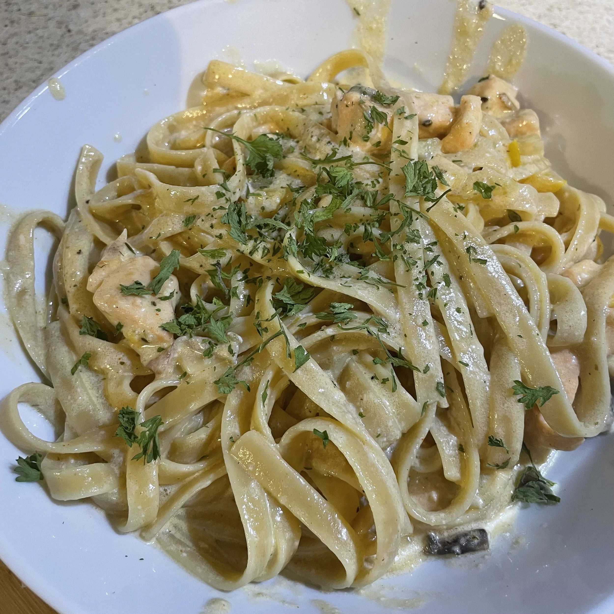 Poached Salmon in Alfredo Sauce and Linguini