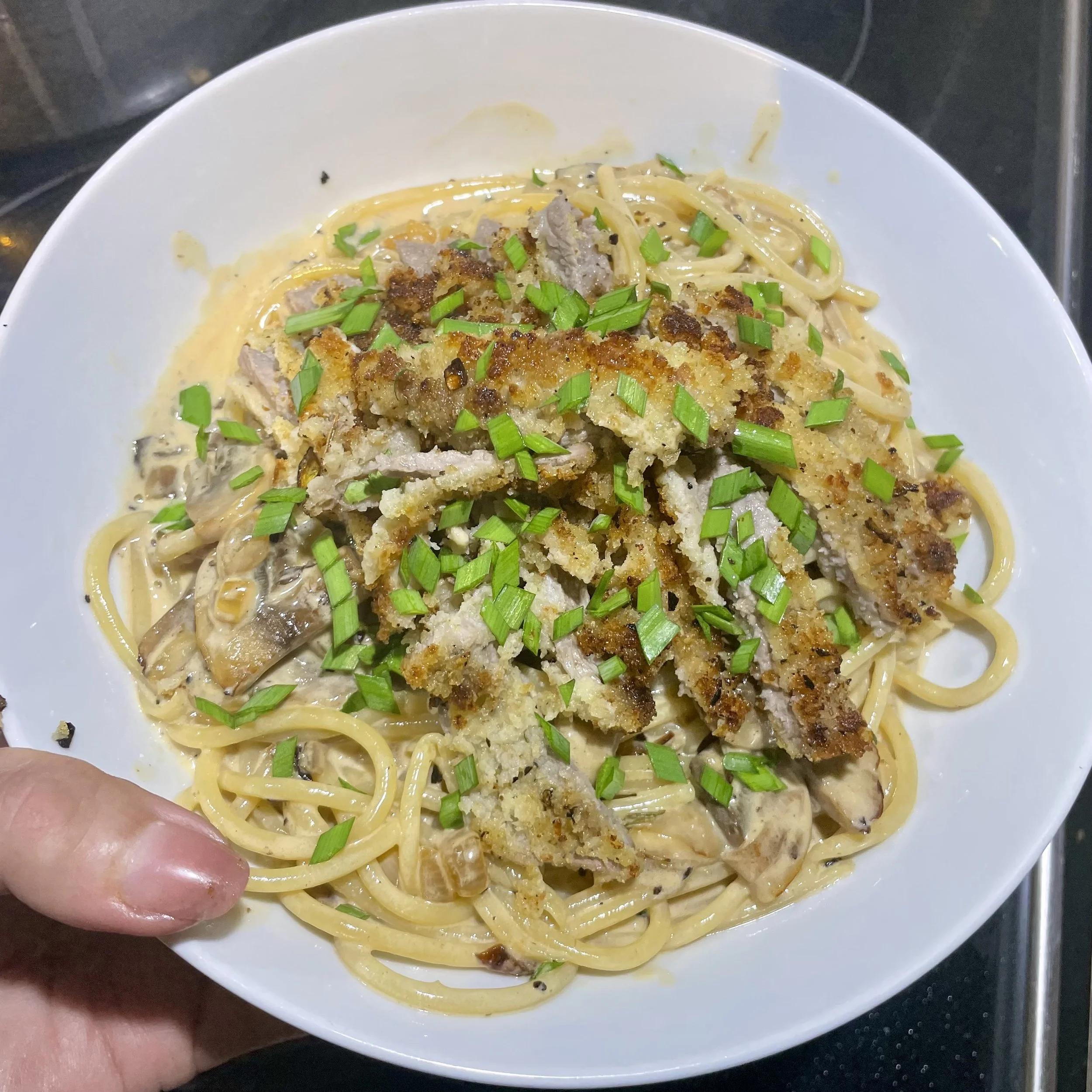 Crispy Fried Steak with Creamy Mushroom Pasta (For Two)