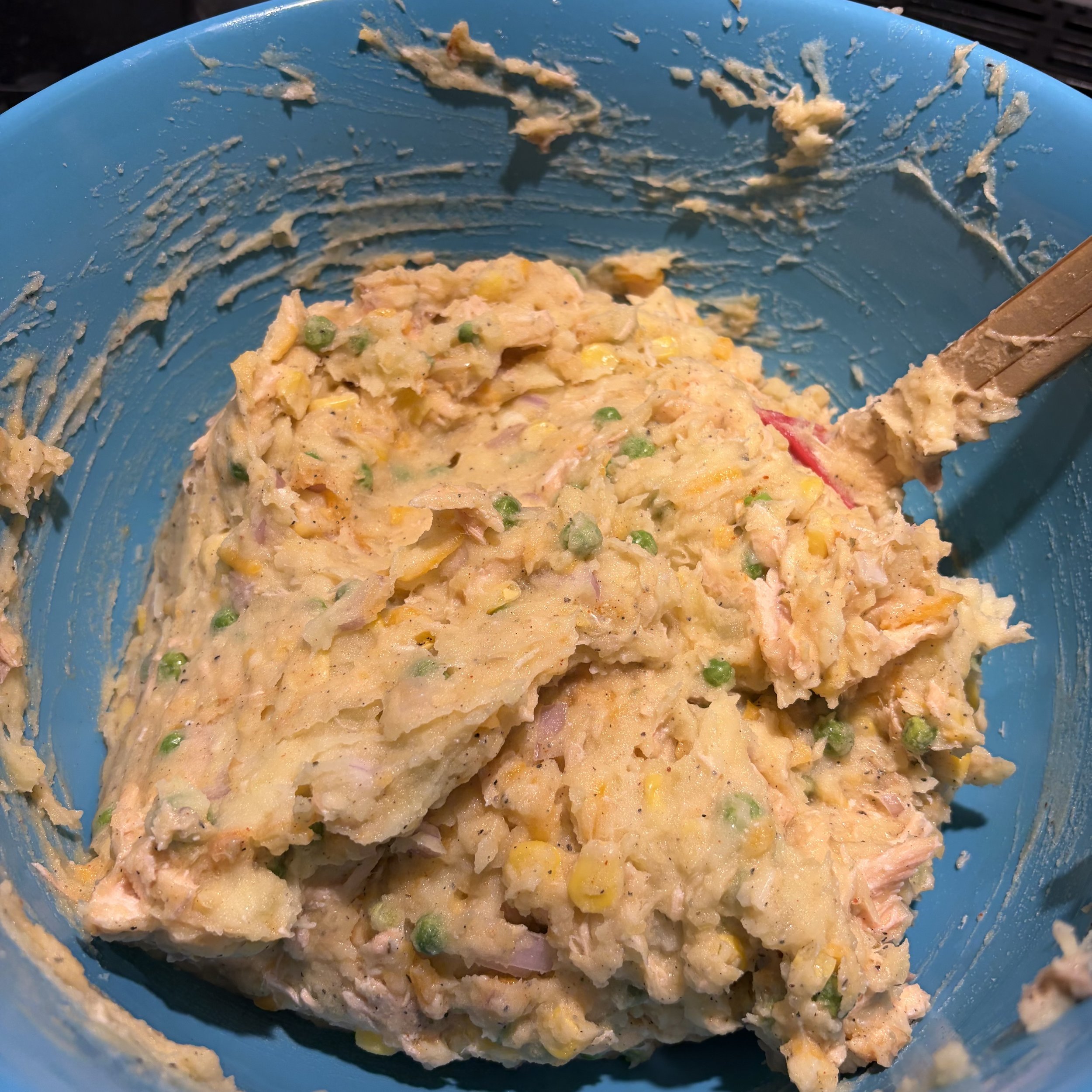 Salmon mashed potato mixture ready to place in casserole dish.jpeg