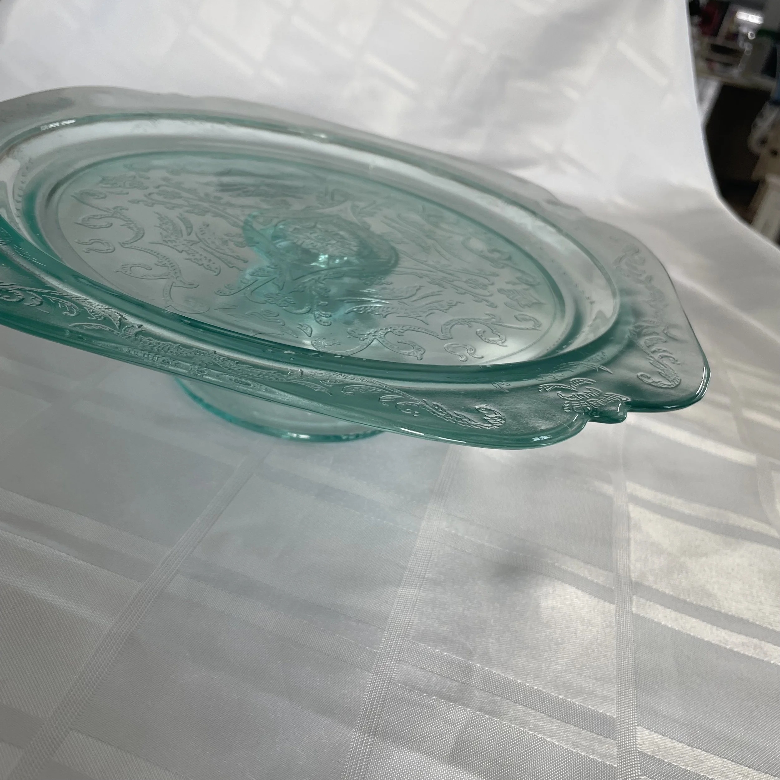 Vintage Aqua Pressed Glass Cake or Dessert Stand