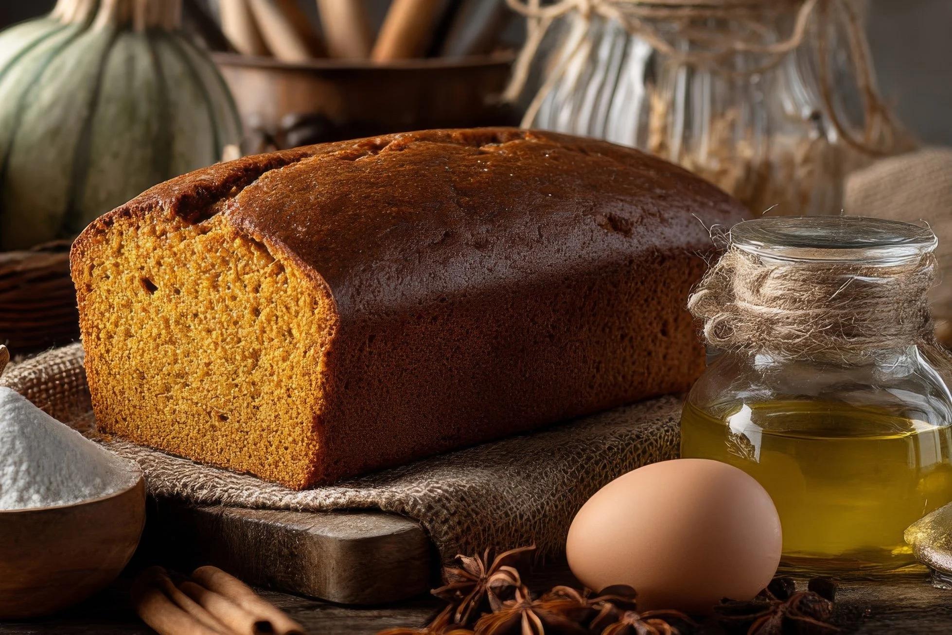 Olive oil pumpkin bread fresh from the oven, topped with pearl sugar, with a golden crust and moist, tender crumb.