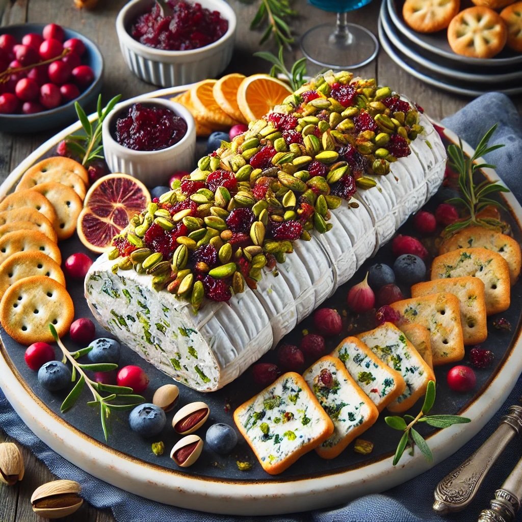 Goat Cheese Appetizer Log with Pistachios, Cranberries and Caramelized Shallots