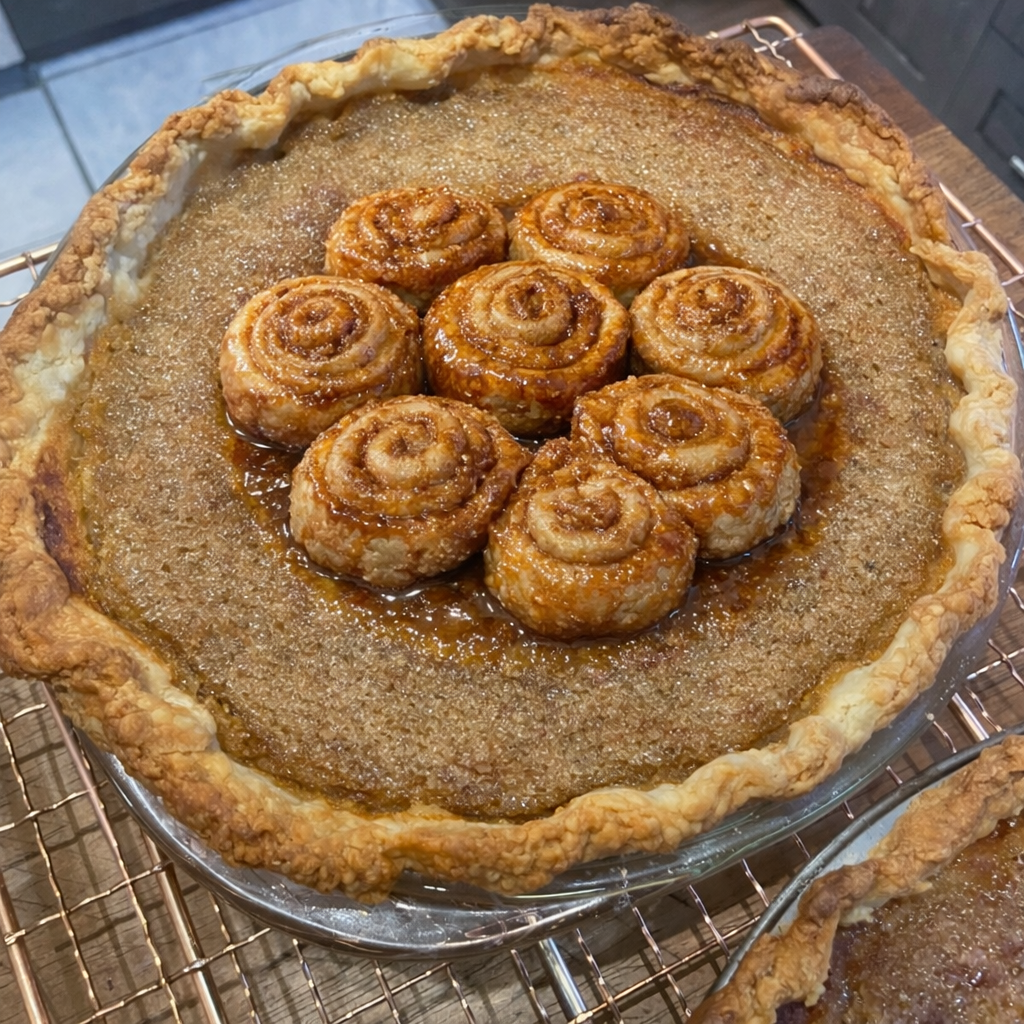 Traditional Quebec sugar pie topped with pets de soeur pastries baked from leftover pie dough