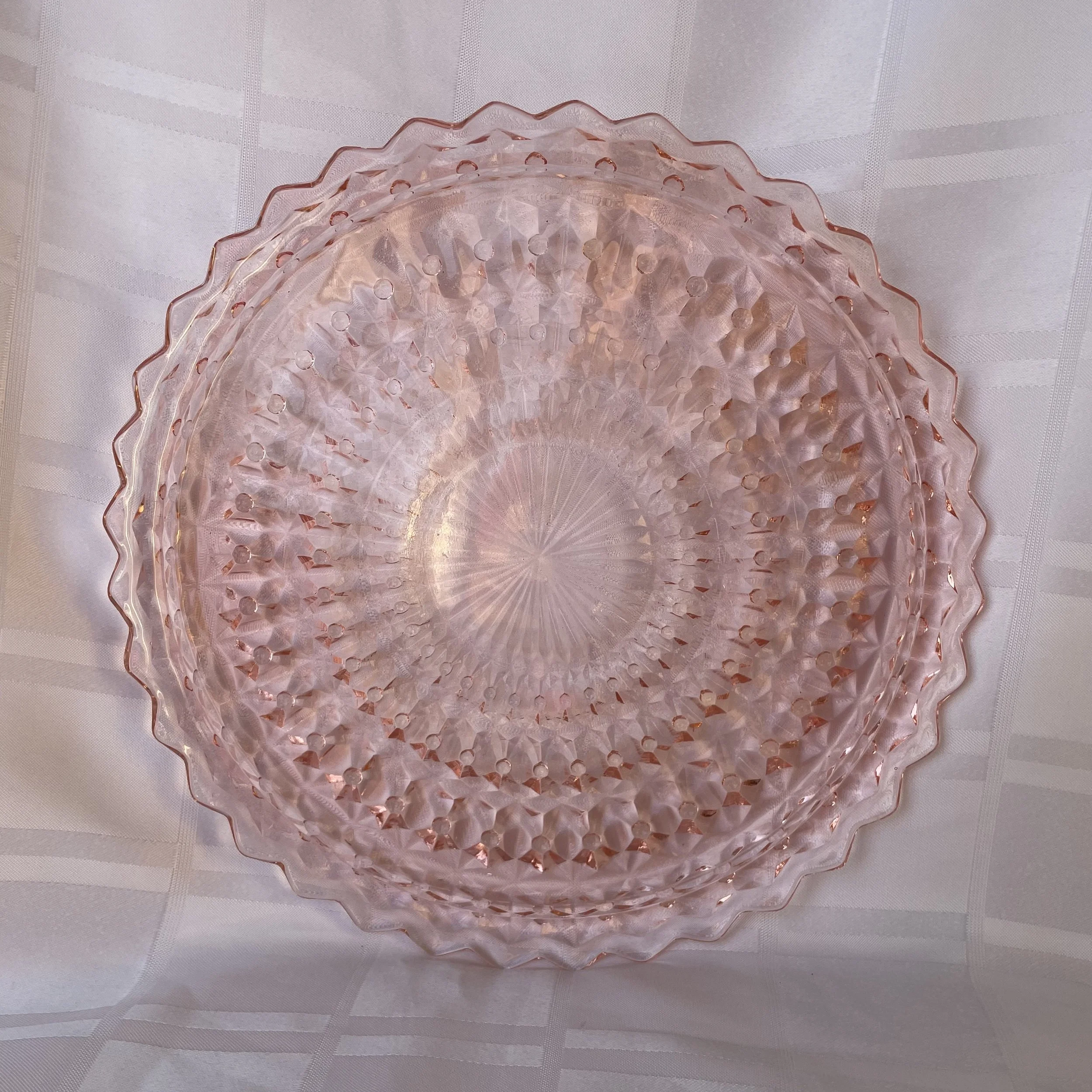 Vintage Pink Pressed Glass Platter 10” | Starburst Base & Scalloped Rim | Depression-Era Style