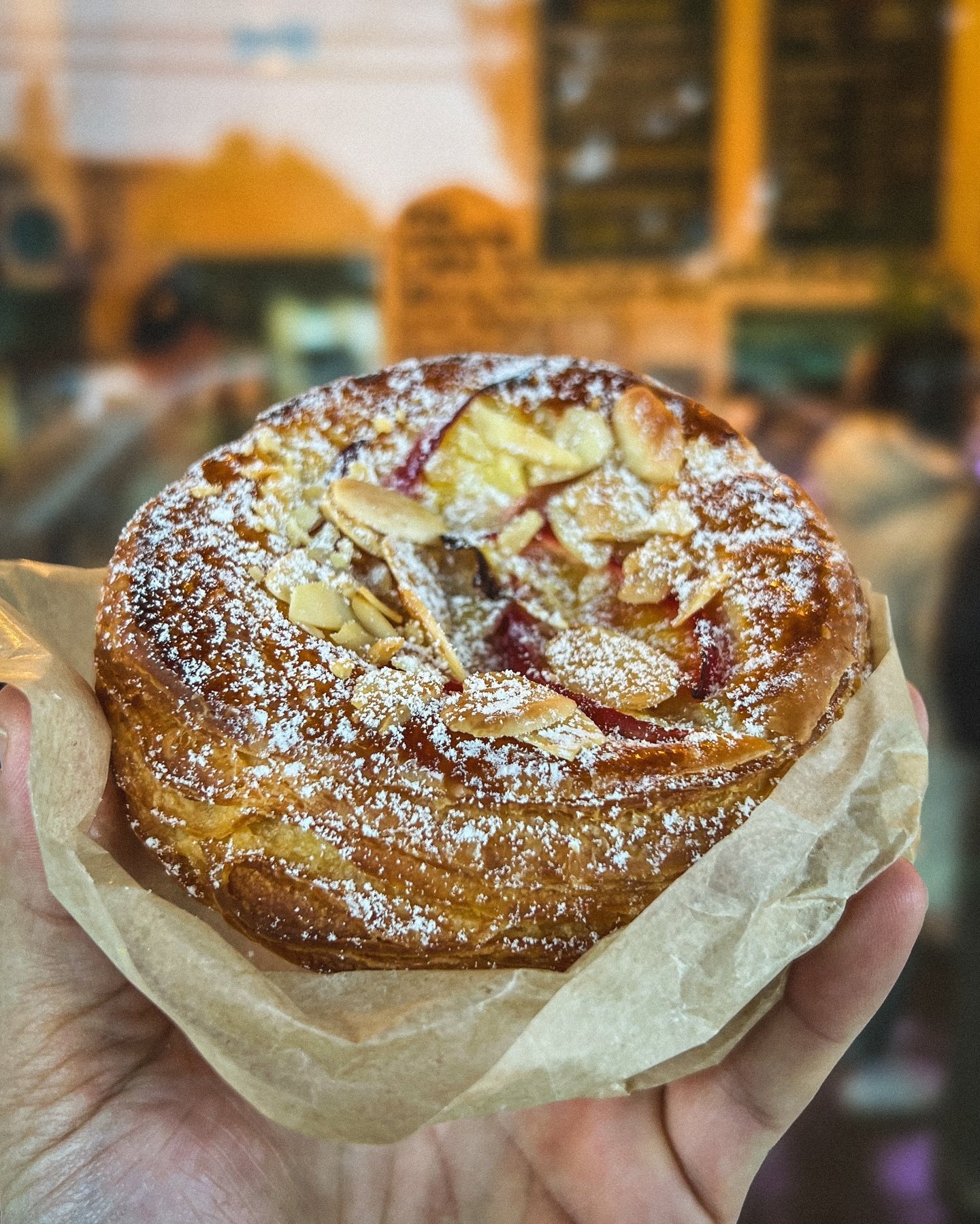 Our New Croissant Rounds are Heavenly ~ Filled with Almond and Nectarine, Topped with a Dash of Powdered Sugar and Slivered Almonds. They are a Treat Worth of YOU! ❤️&zwj;🔥🎉❤️&zwj;🔥