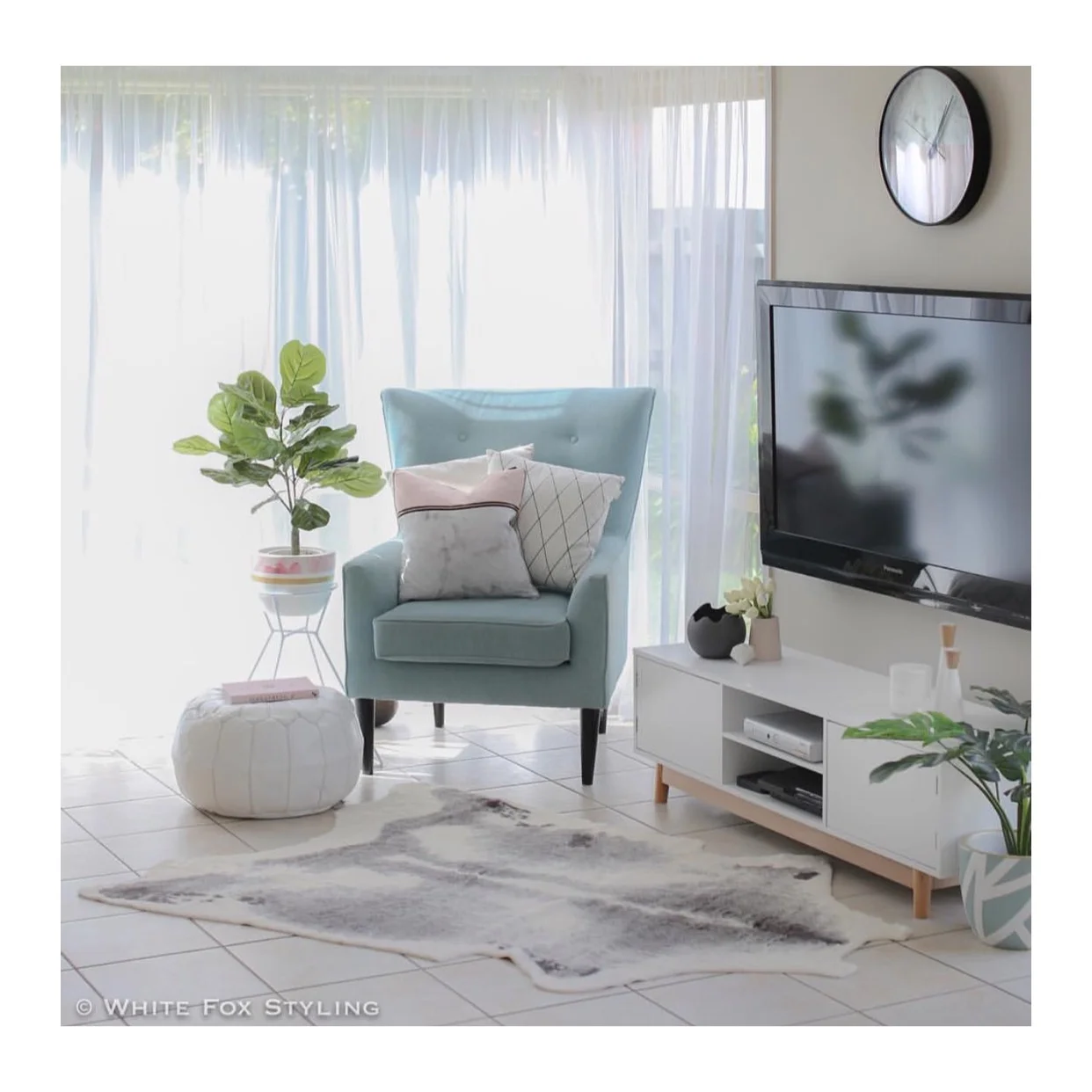 Efflorescence wallpaper pot teamed with White Aphrodite plant stand. Charlottes web pot right in Duck Egg Blue styled by White Fox Styling .jpg