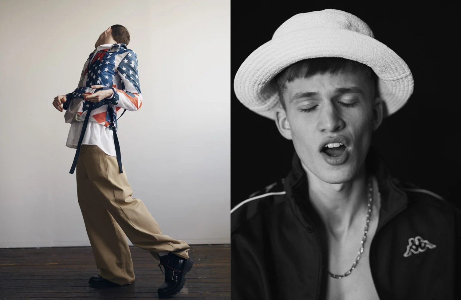 (LEFT) MODEL WEARS SS17 REVERSE LOOSE JEANS IN STONE