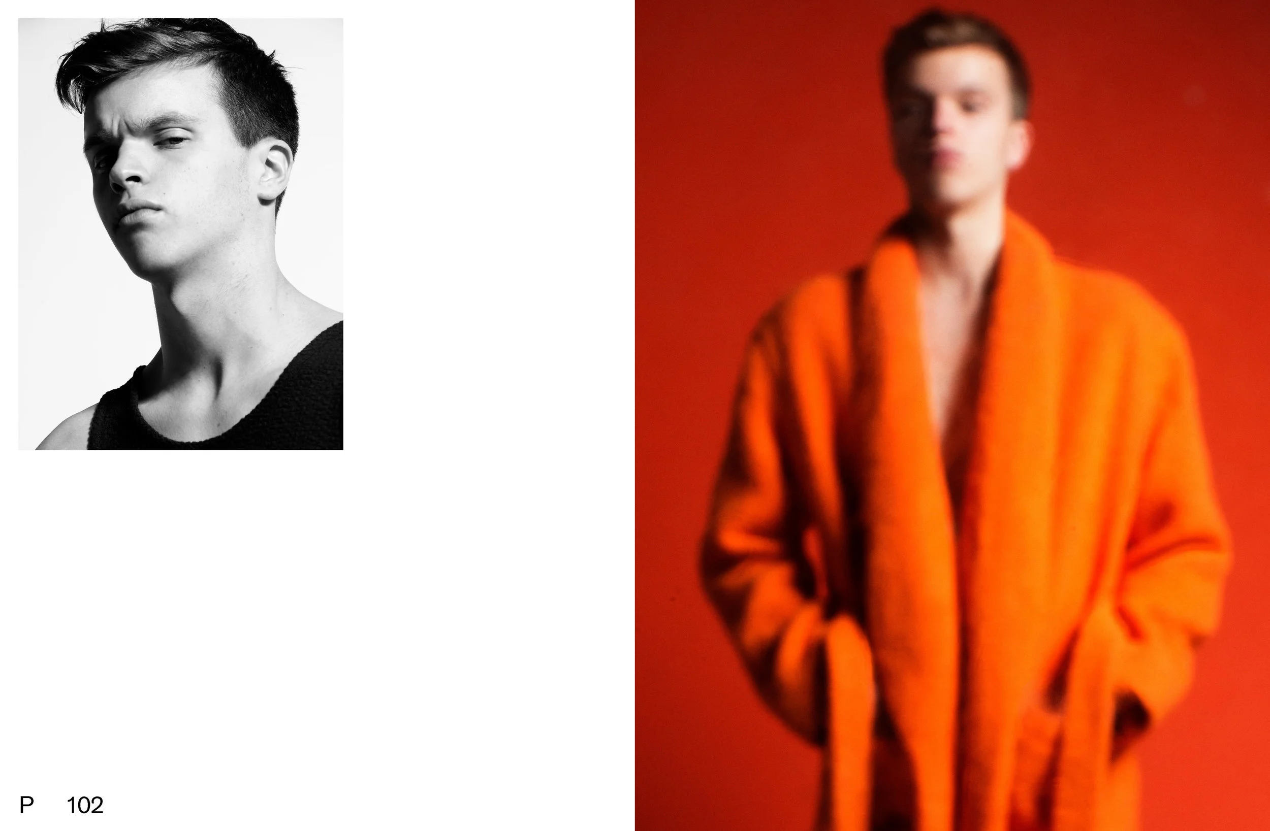 (LEFT) MODEL WEARS RIPPLE WOOL SINGLET, (RIGHT) MODEL WEARS ORANGE MERINO NEVERMIND SHAWL ROBE