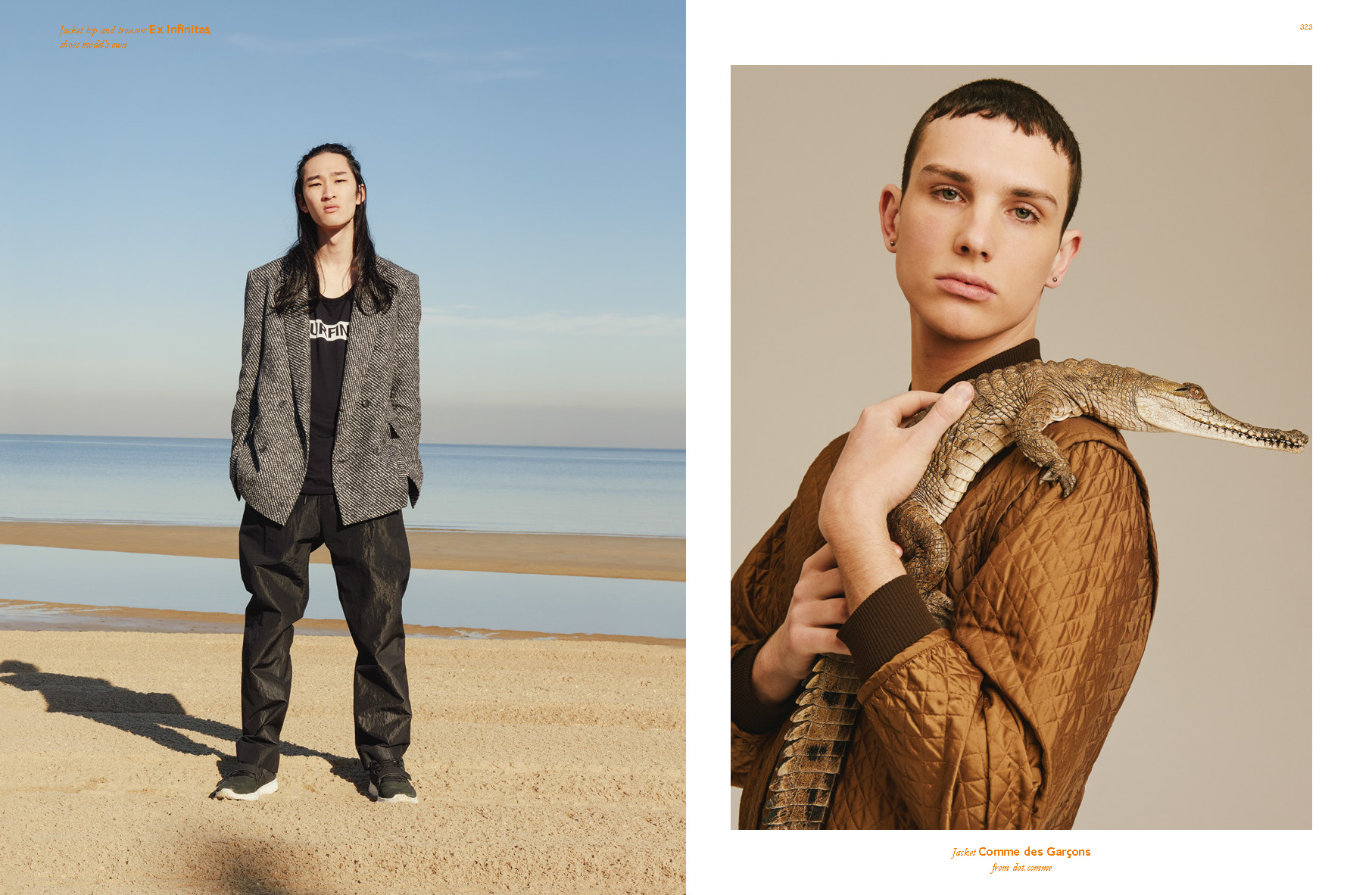 (LEFT) MODEL WEARS SS17 GRAPHITE DOUBLE DRIFTER BLAZER, WOOL CHIFFON SURFING SINGLET & TECH WOOL TAILORED BOARD PANTS