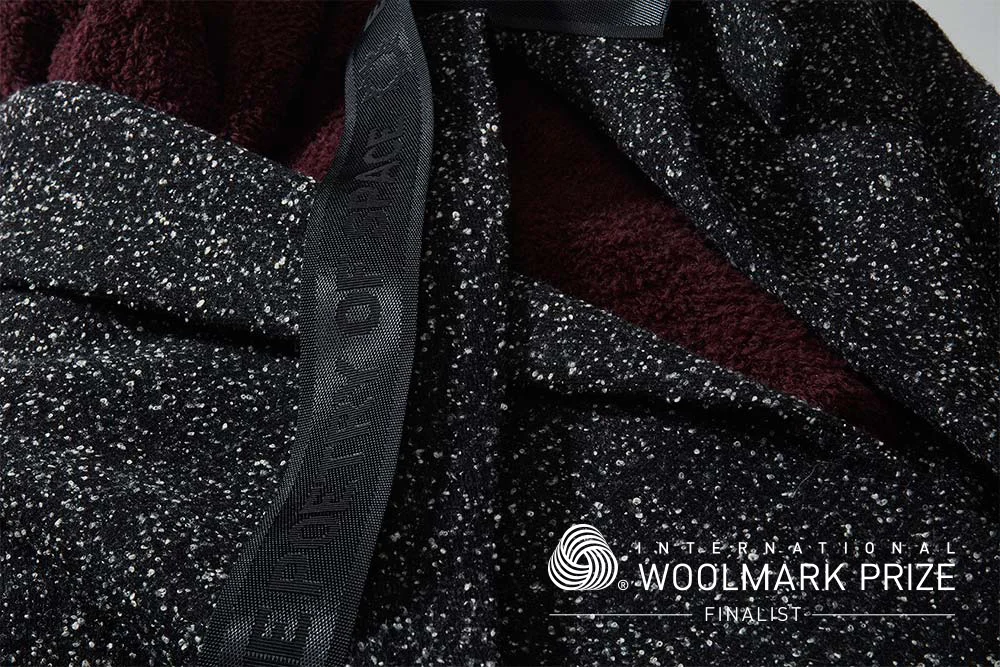 PICTURED: IWP GALAXY STREET SURFER COAT & BURGUNDY SHAG KNIT HOODIE