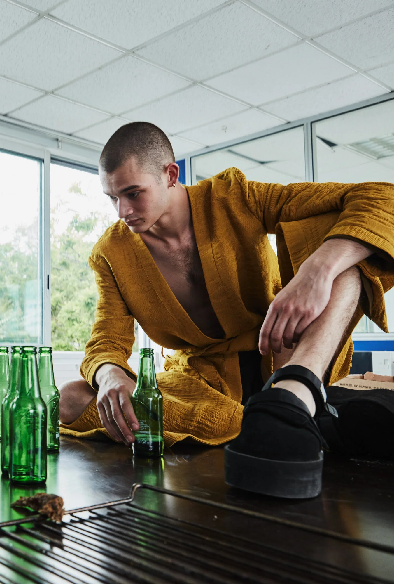 MODEL WEARS GOLD SS17 PLISSE SPLIT ROBE