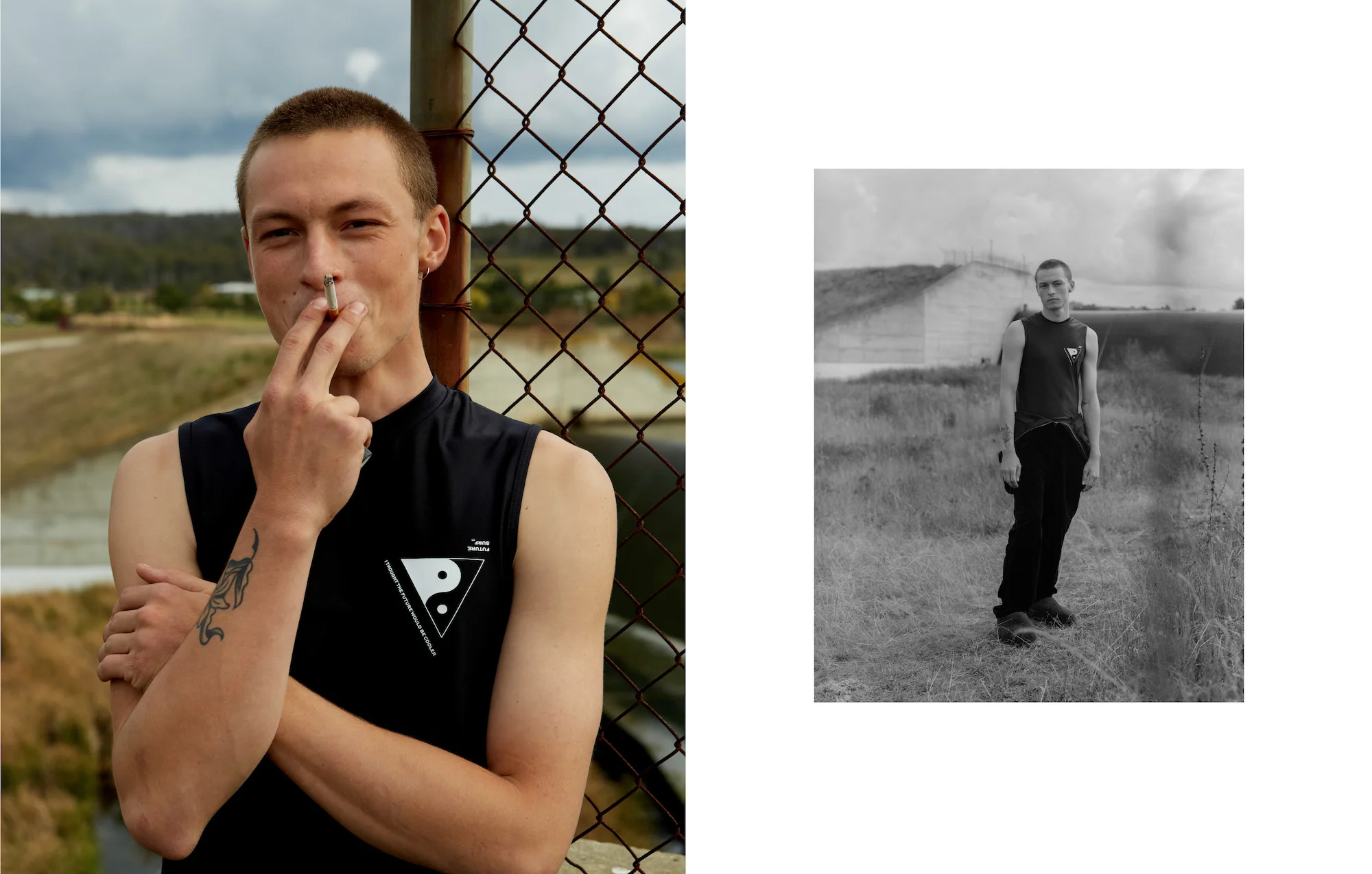 MODEL WEARS FUTURE SURF RASHY TANK & VELVET TRADIE BOILER SUIT