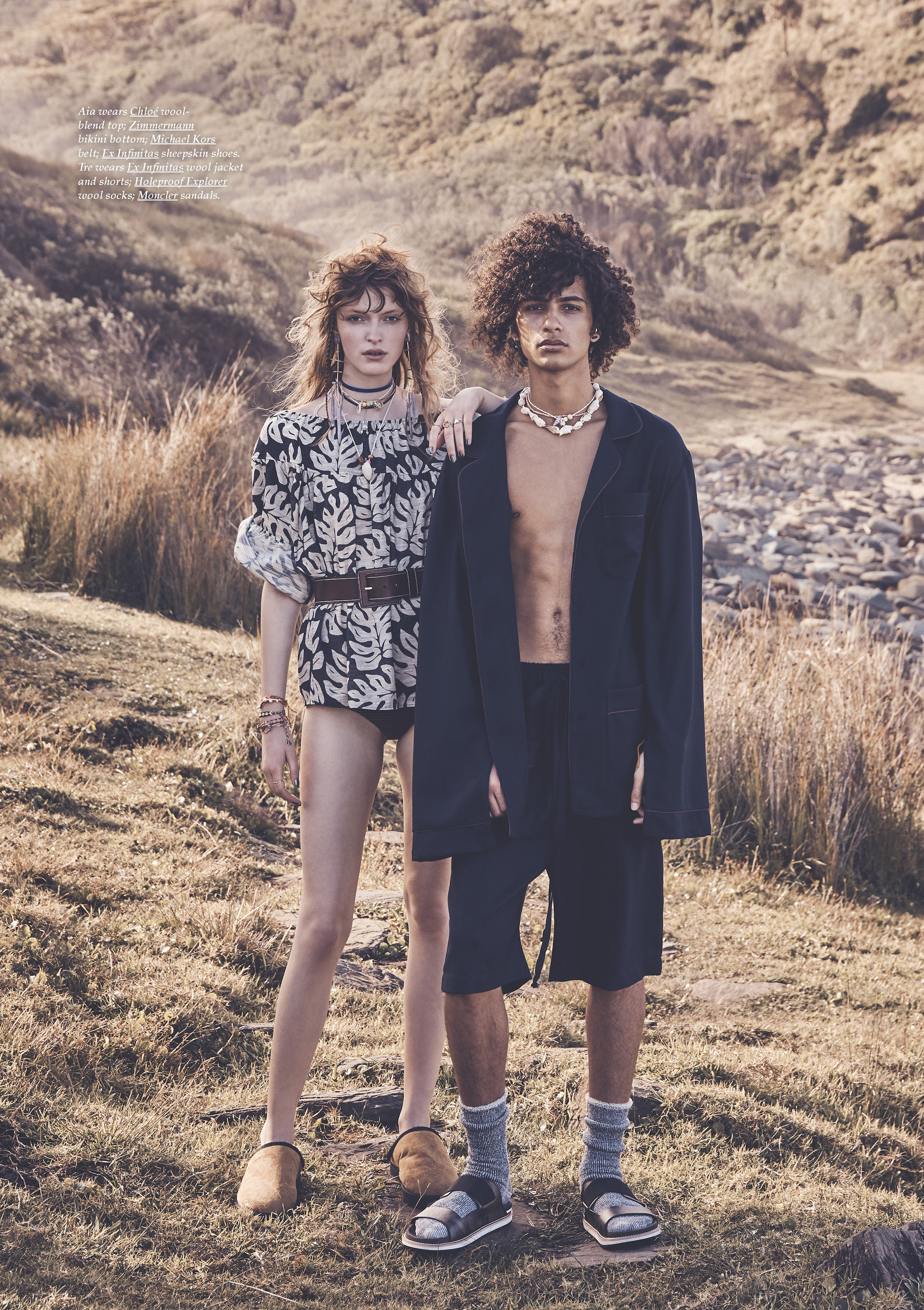(LEFT) MODEL WEARS FW17 EX-UGG COLLABORATION SLIPPERS (RIGHT) MODEL WEARS WOOLMARK PRIZE COLLECTION WOOL FLANNEL PJ SHIRT AND SHORTS