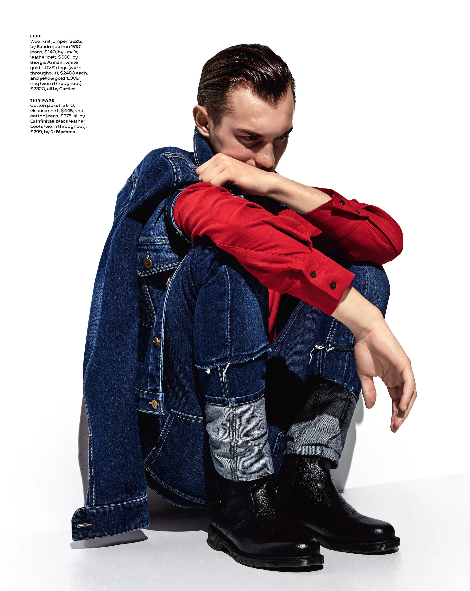 KIT BUTLER WEARS FW17 SKATER DENIM JACKET, RE-DONE ULTRA-SLIM JEAN AND RED LIQUID POCKET SHIRT