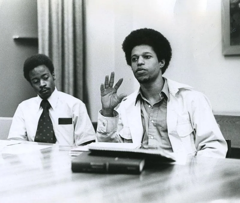 Student activists Ben Moultrie (left) and W. Ahmad Salih at a Task Force on Educational Opportunity meeting, 1971. Benjamin F. Moultrie MBA ’76 was a financial-aid administrator in the early 1970’s. Aero-astro major and Waayl Ahmad Salih '72, SM '74 was a student activist who later became a physician.