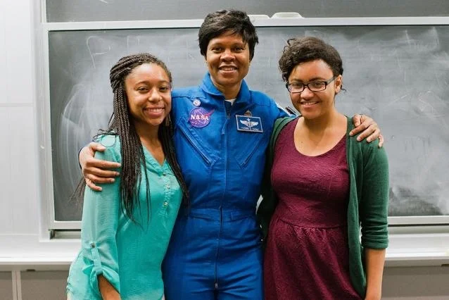 Women in space, 2015. NASA astronaut Yvonne Cagle (center) poses with MIT Black Women's Alliance co-chairs Tiera Guinn '17 (left) and Alyssa Napier '16 during a visit to MIT, 2015.