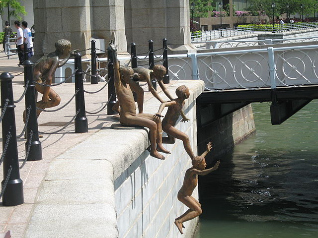The First Generation (2000) by Chong Fah Cheong , Cavenagh Bridge, Singapore. The work describes a familiar scene along the river from the days of the first immigrants. The work was funded by Far East Organisation, holding company of The Fullerton Singapore, and the Singapore Tourist Board as part of a series of works describing everyday activities along the river from its past days. Photo by Terence Ong . 