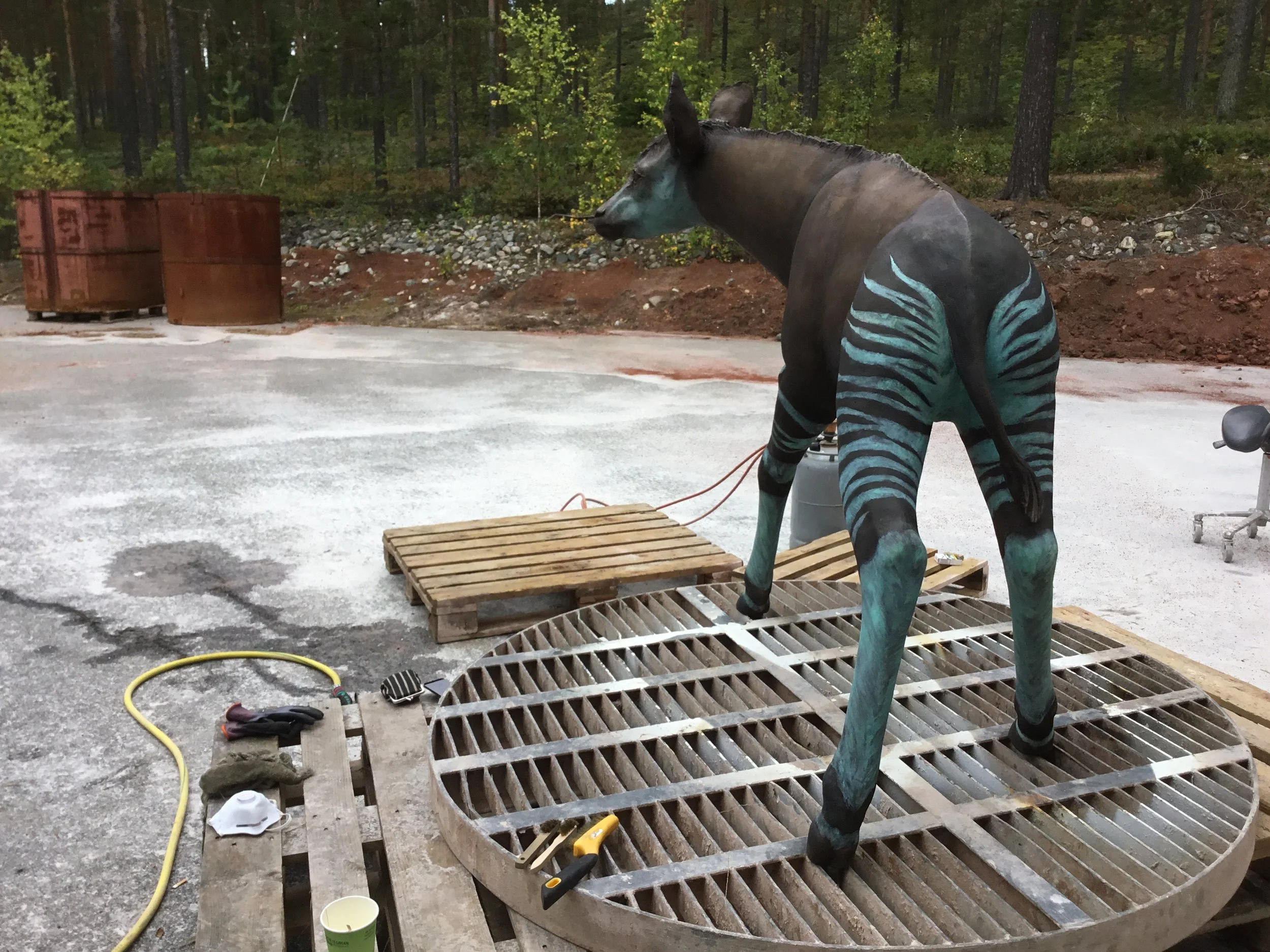 The sculpture at the foundry before installation. P.S. In nature, baby okapis manage to follow their mother by following her striped behind. Photo: Lotta Mattila
