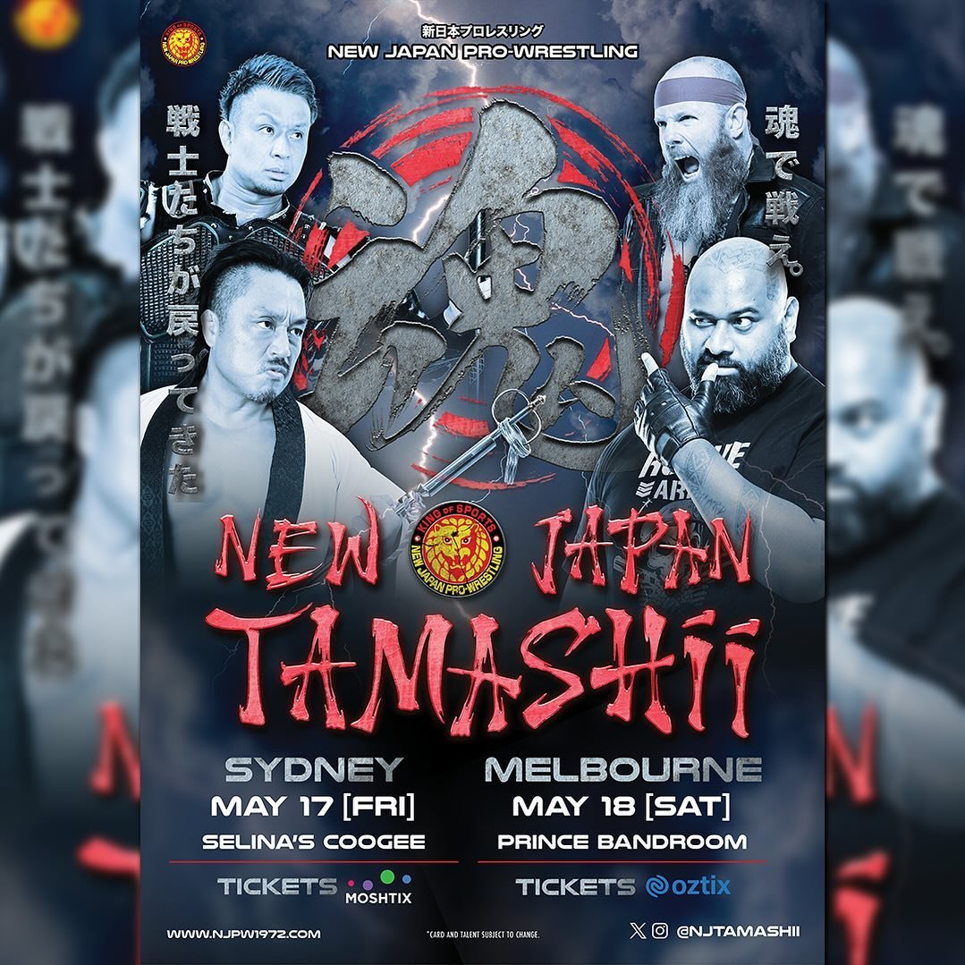 NJPW Tamashii returns to Australia on May 17 and 18! 

Don&rsquo;t miss #Bishamon take on @TOKSFALE &amp; @BonzaJack in Sydney!
 
In Melbourne, the #RogueArmy onslaught continues as @TomeFilip &amp; @StevieFilip vs Bishamon!

🎟 SYD - tinyurl.com/Syd