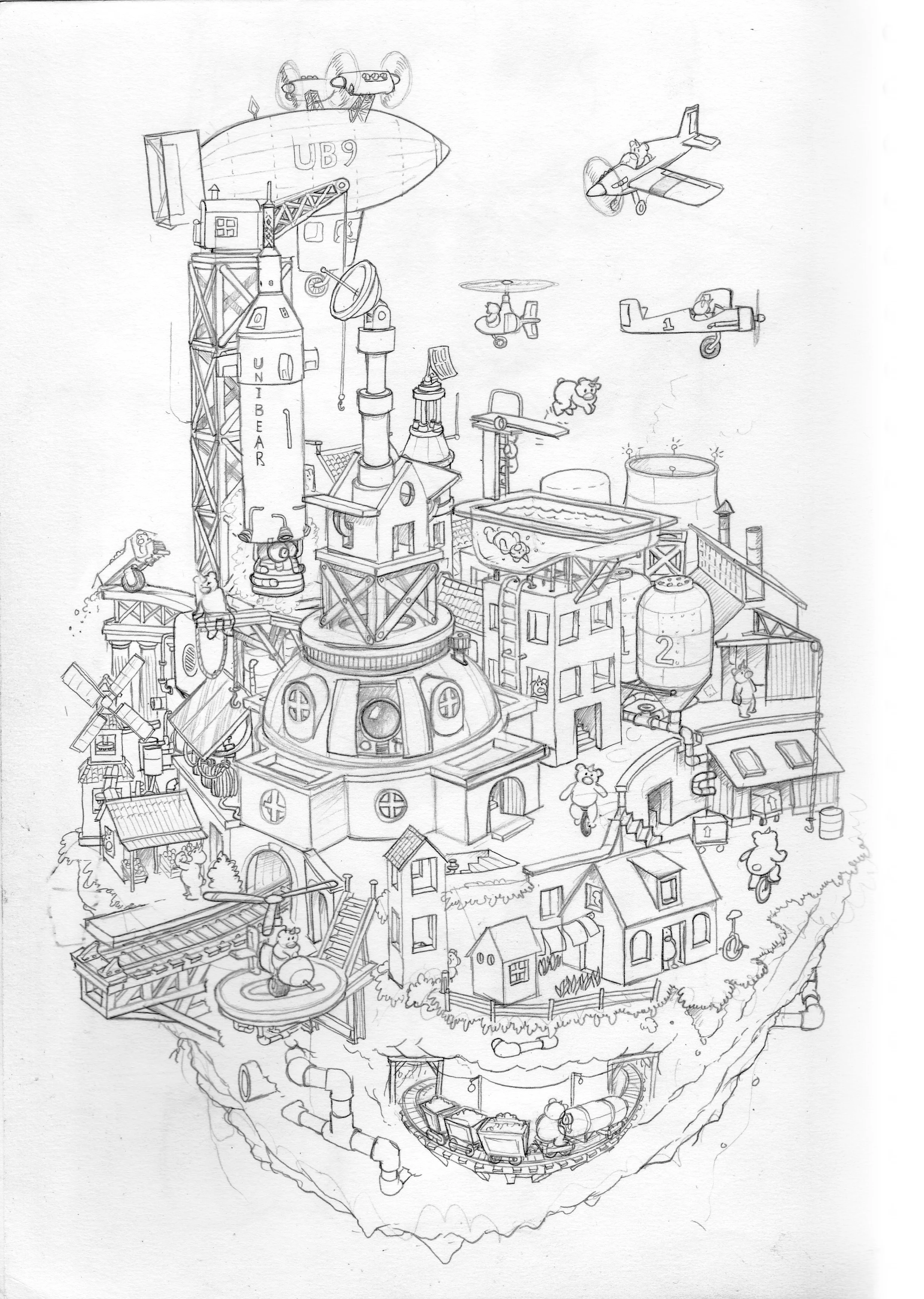 My nephew always asks me to draw with him. Specifically, he wanted to draw a city. OK! There was a time I was about his age when I would practically run home from school to watch The Secret City , this great educational drawing show on the Buffalo PBS station. The host would draw all these great futuristic cities populated by one-horned bears called, appropriately, "Unibears". I actually learned a lot about drawing from The Secret City. In my tribute to Commander Mark and his eradicator (eraser), we populated this city with Unibears too. My nephew loves this drawing.