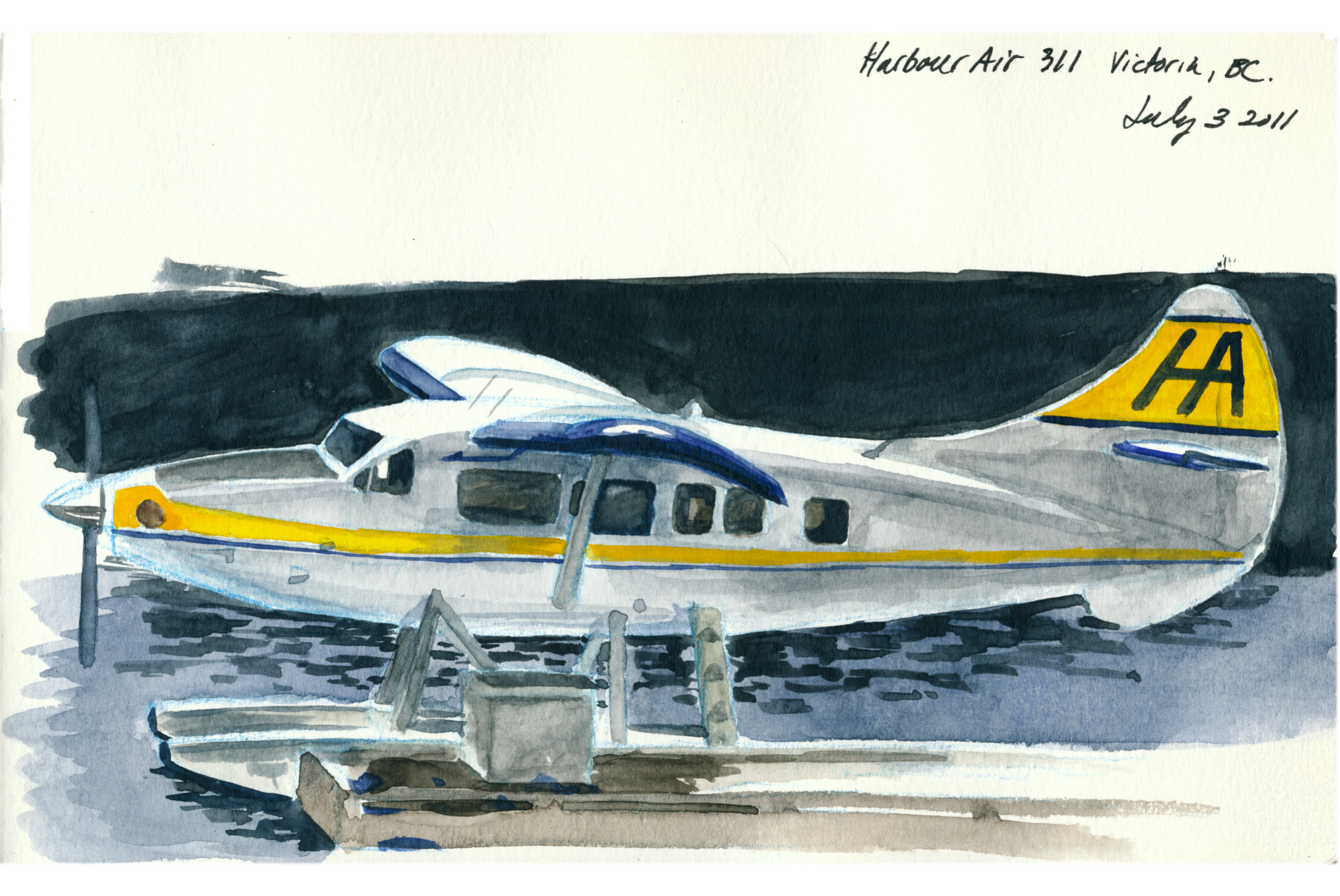 My brother and I were in Victoria a few years ago visiting our Uncle Mike. We stopped by the inner harbour for some lunch and sunshine, and, since my brother is a bit of sketchy fellow himself, we both sat down and started painting. I showed this painting to a friend of mine and she said, "Hey I know the pilot of that plane!"