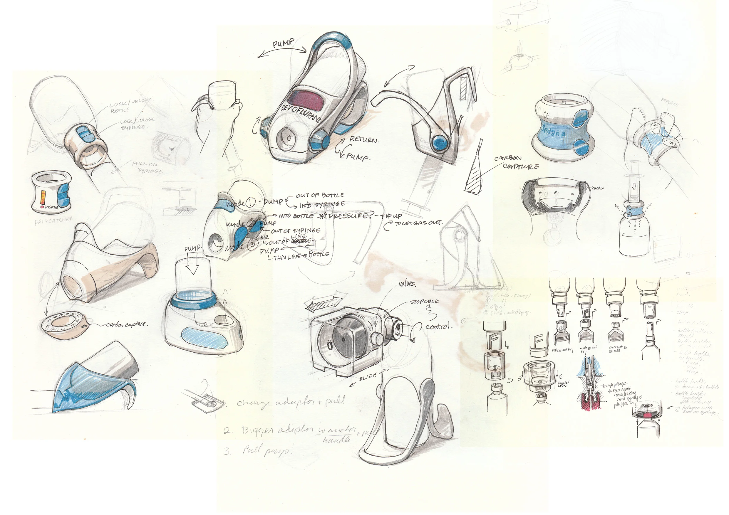 Concept sketches for an anaesthetic filling device I've been working on. This image is actually a composite of several sketches done while working on my M.Sc Medical Device Design thesis project. The company I worked for liked these sketches so much…