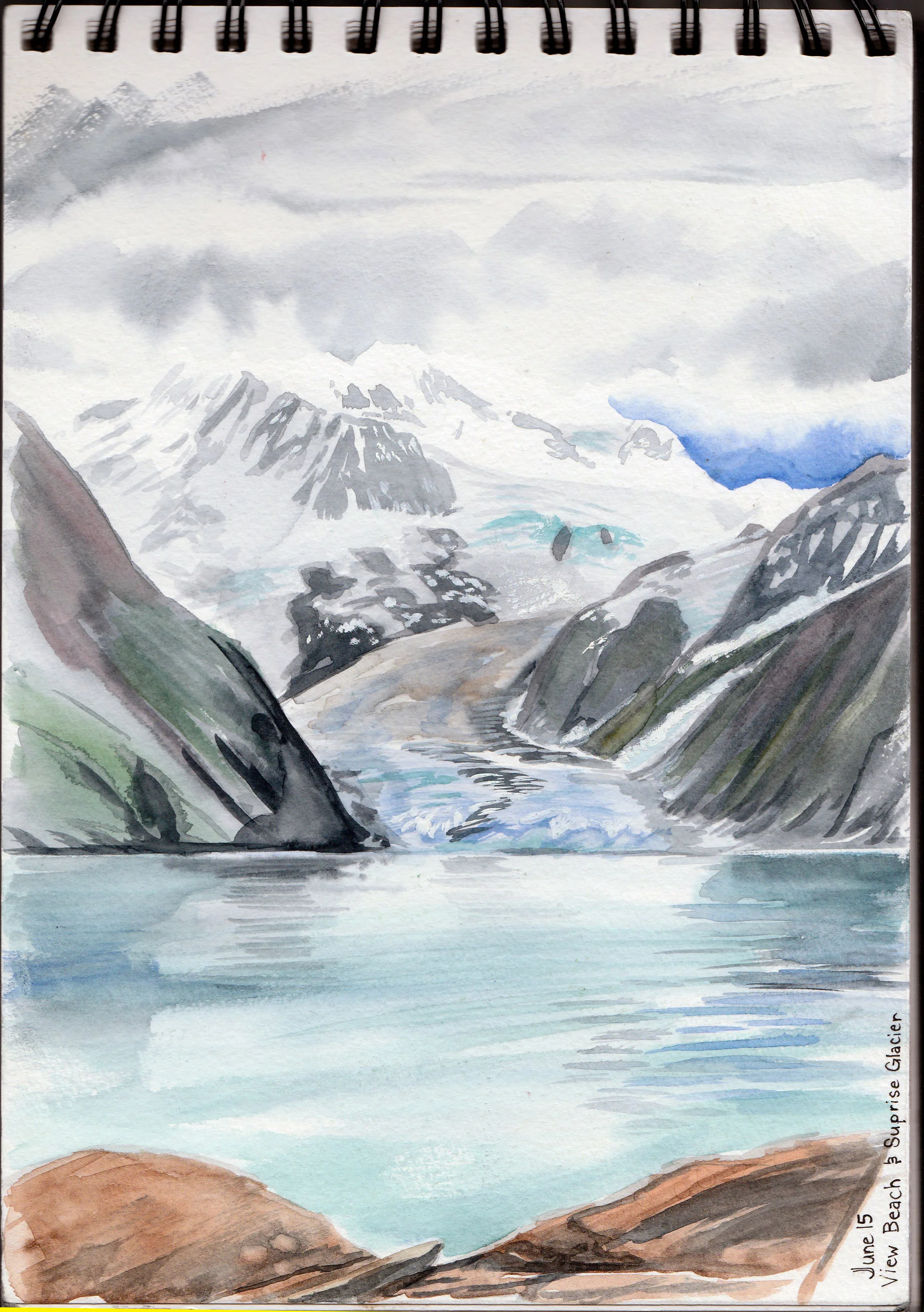 View Beach across to Surprise Glacier. The fjord was like glass and the silence was incredible. If we could have stayed out for another few days, I don't think I would have ever tired of seeing this. Watercolour. Co-ordinates: 61°02'08.9"N 148°18'48.7"W