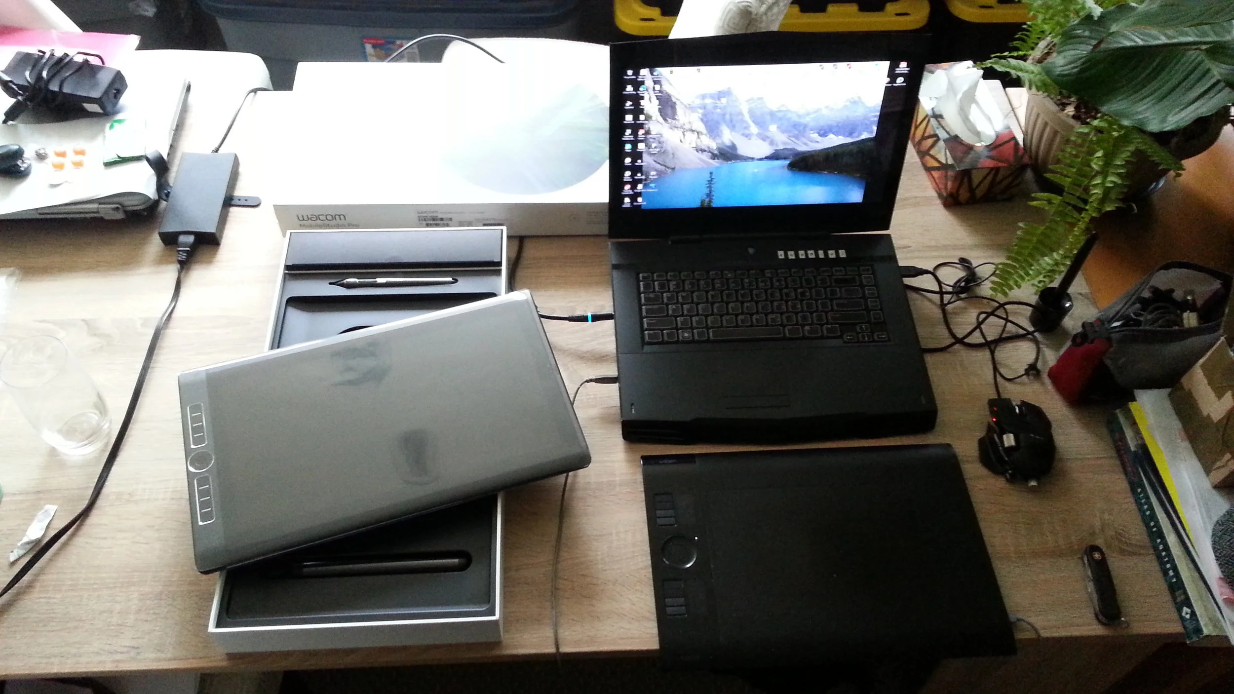 This is like those pictures of Old Man of Last Year watching Baby New Year waddle in. My stalwart, dependable, but slightly geriatric and overweight Alienware M15 on the right. It's slick little replacement, the 16 inch Wacom MobileStudio Pro, fresh from its box on the left. I was terrified by the new tablet technology. 