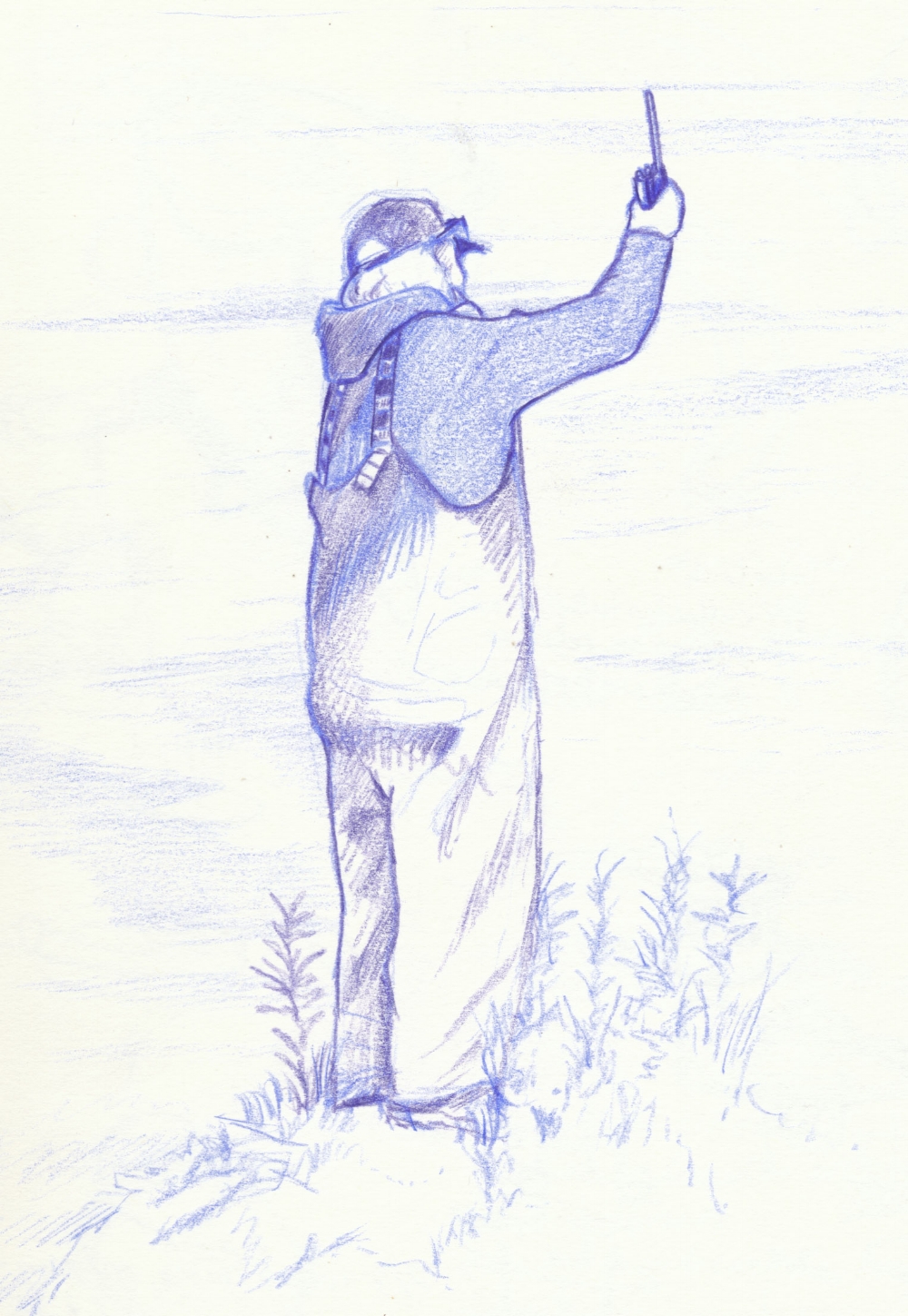 Sketch of USFS Ranger Barbara Lydon standing on a high point to get a weather report on the radio.