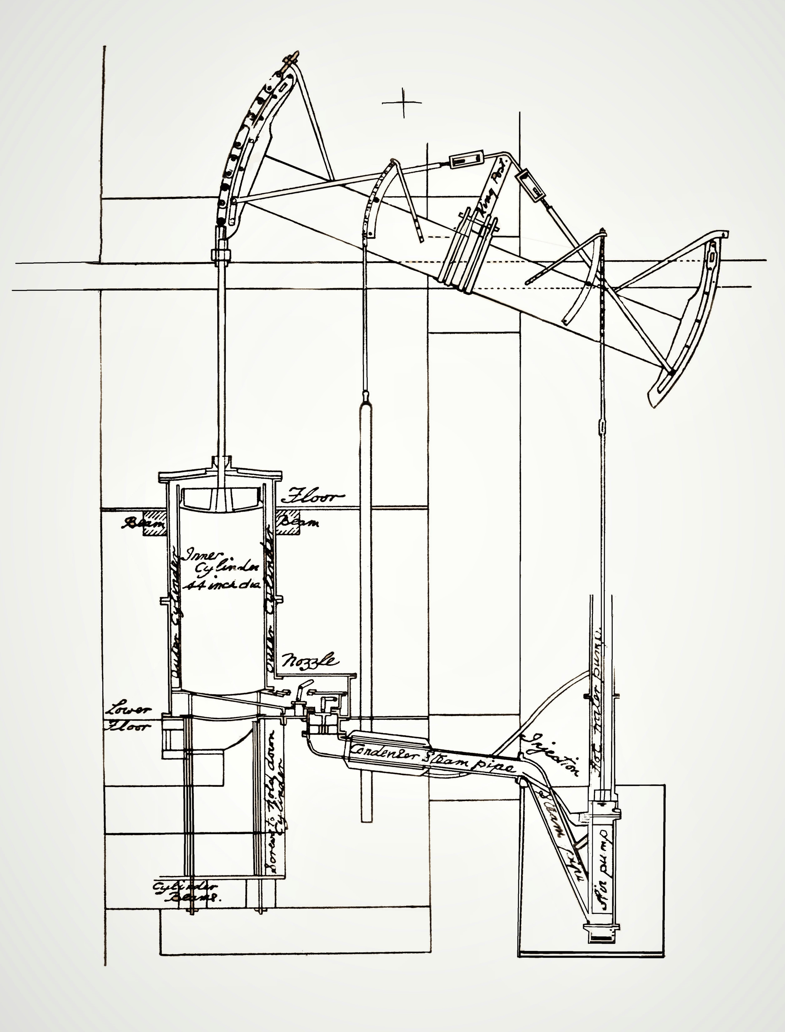 Drawing of an early Watt beam engine by Keith Hodgkins