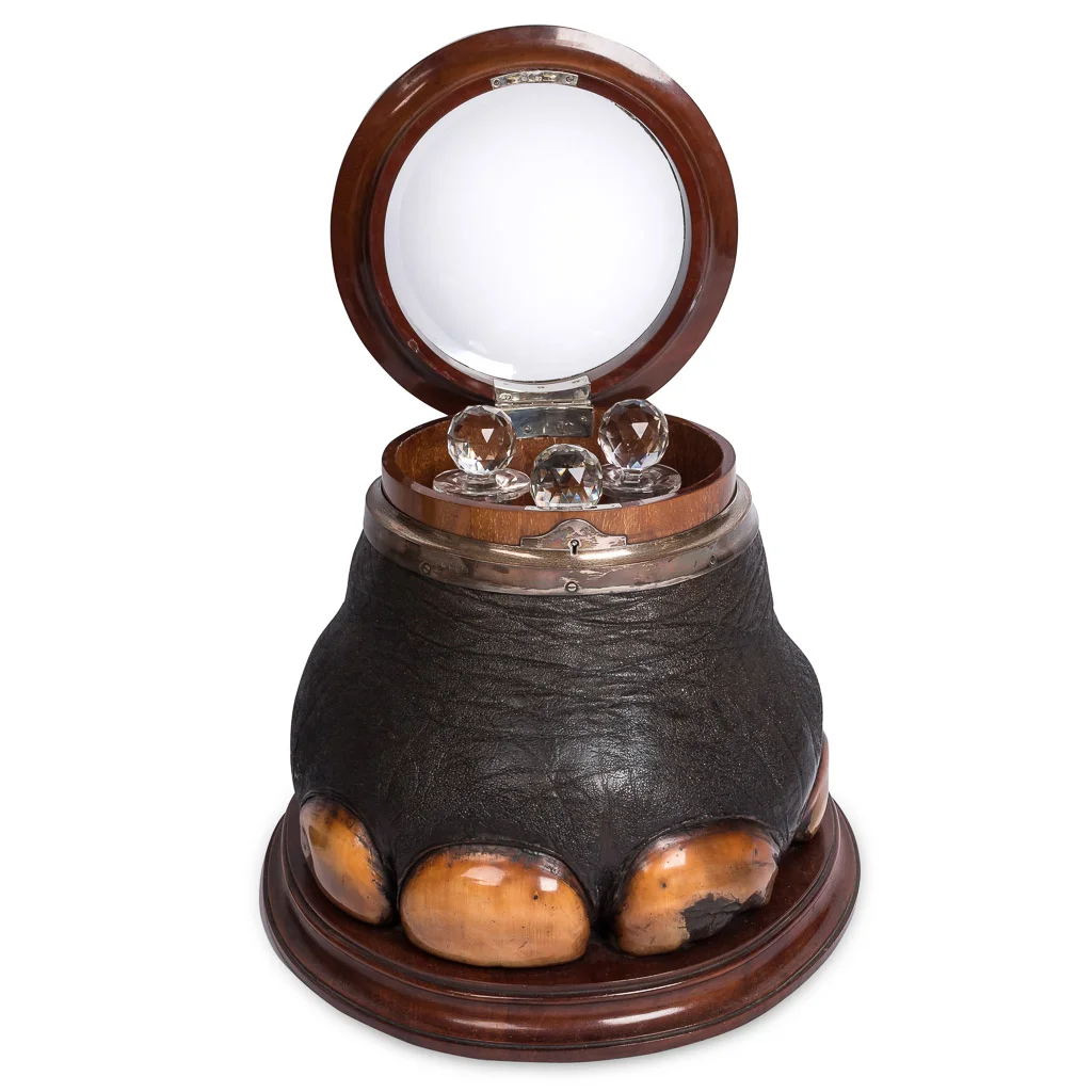 Incredibly rare silver mounted elephant foot decanter box