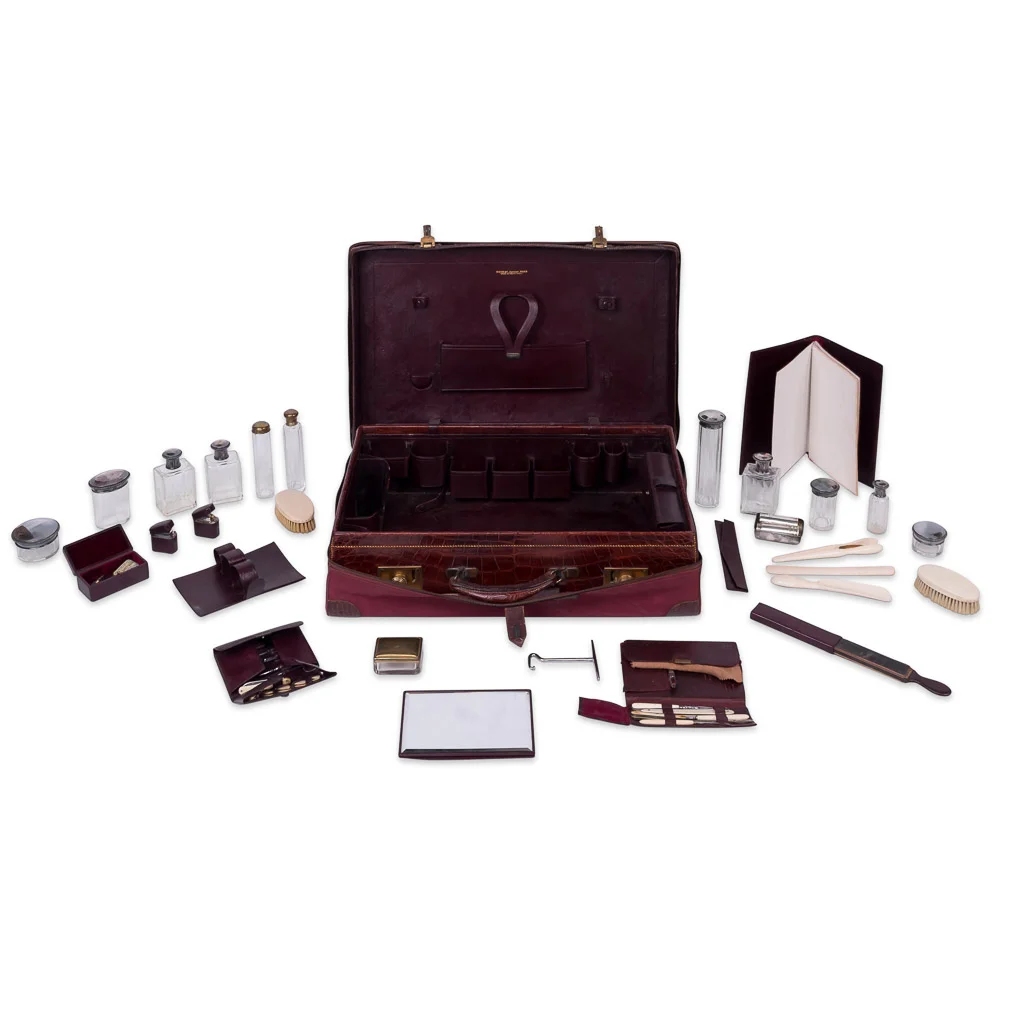 Moynat crocodile case with fitted interior for men’s toiletries, circa 1900