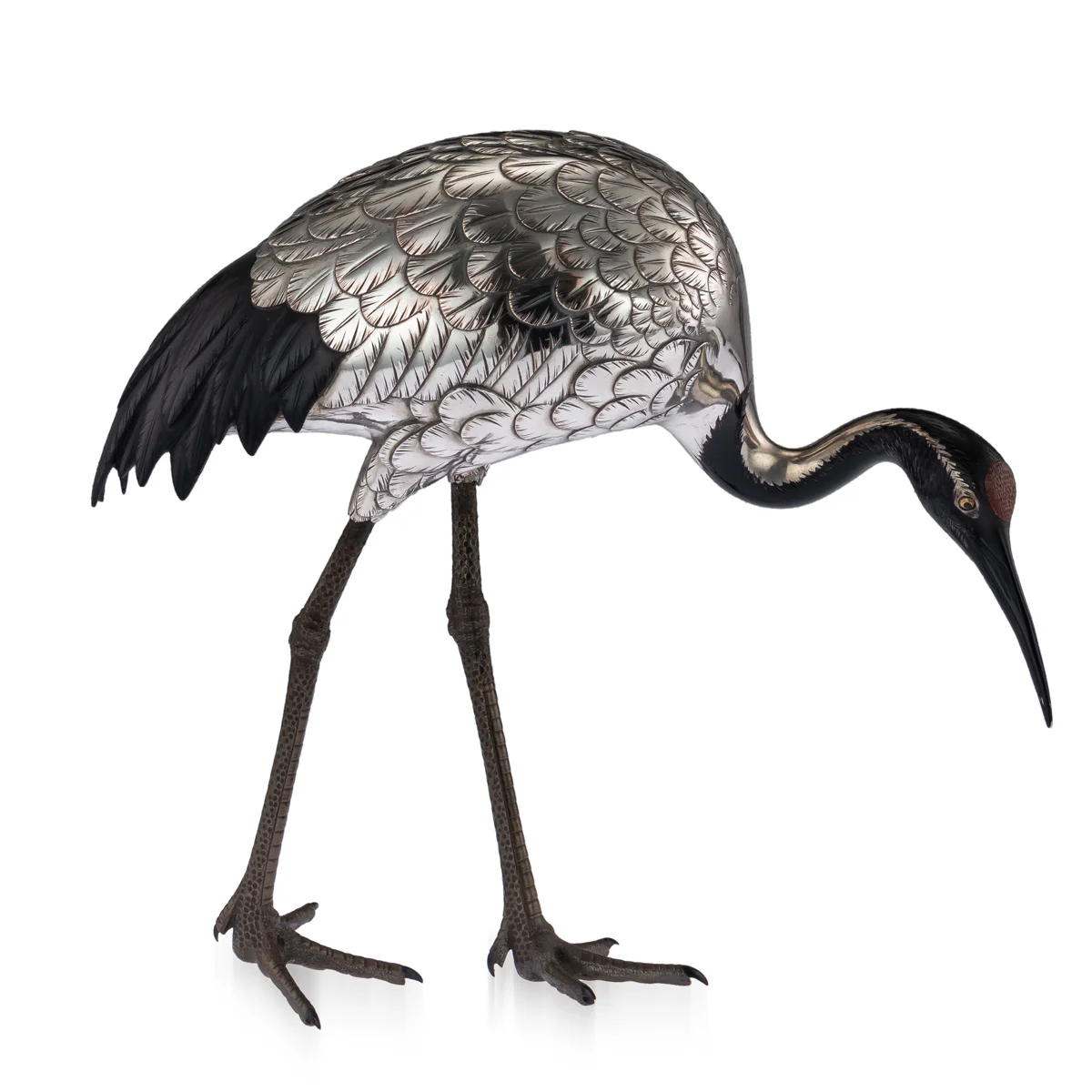 Japanese silvered bronze model of an egret, Meiji period, circa 1900