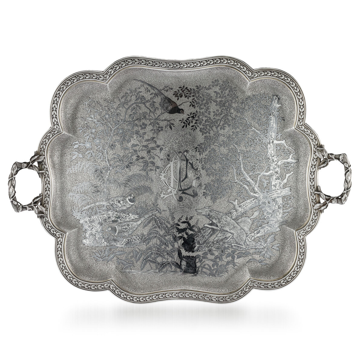 A solid silver and niello serving tray, France, circa 1870