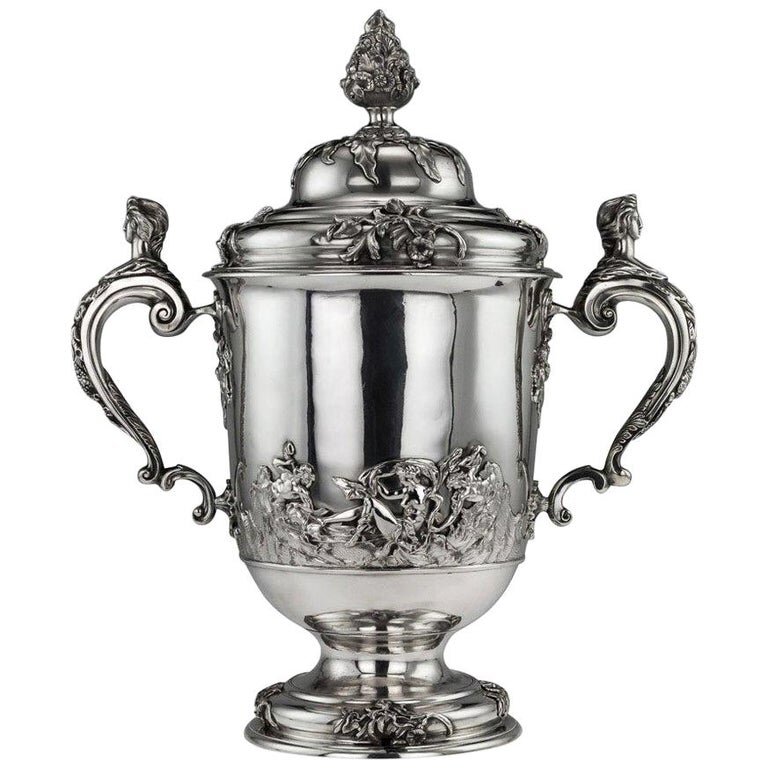 An Edwardian monumental solid silver cup and cover by Hancock & Co, London, 1907