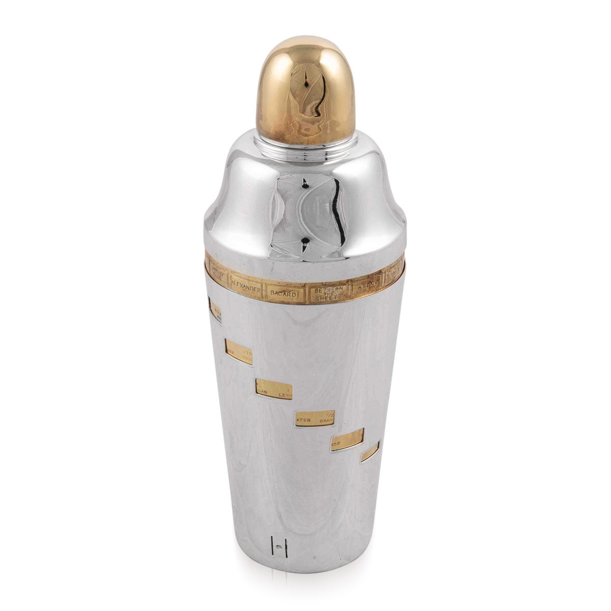 A silver plated "recipe" cocktail shaker, England, circa 1930