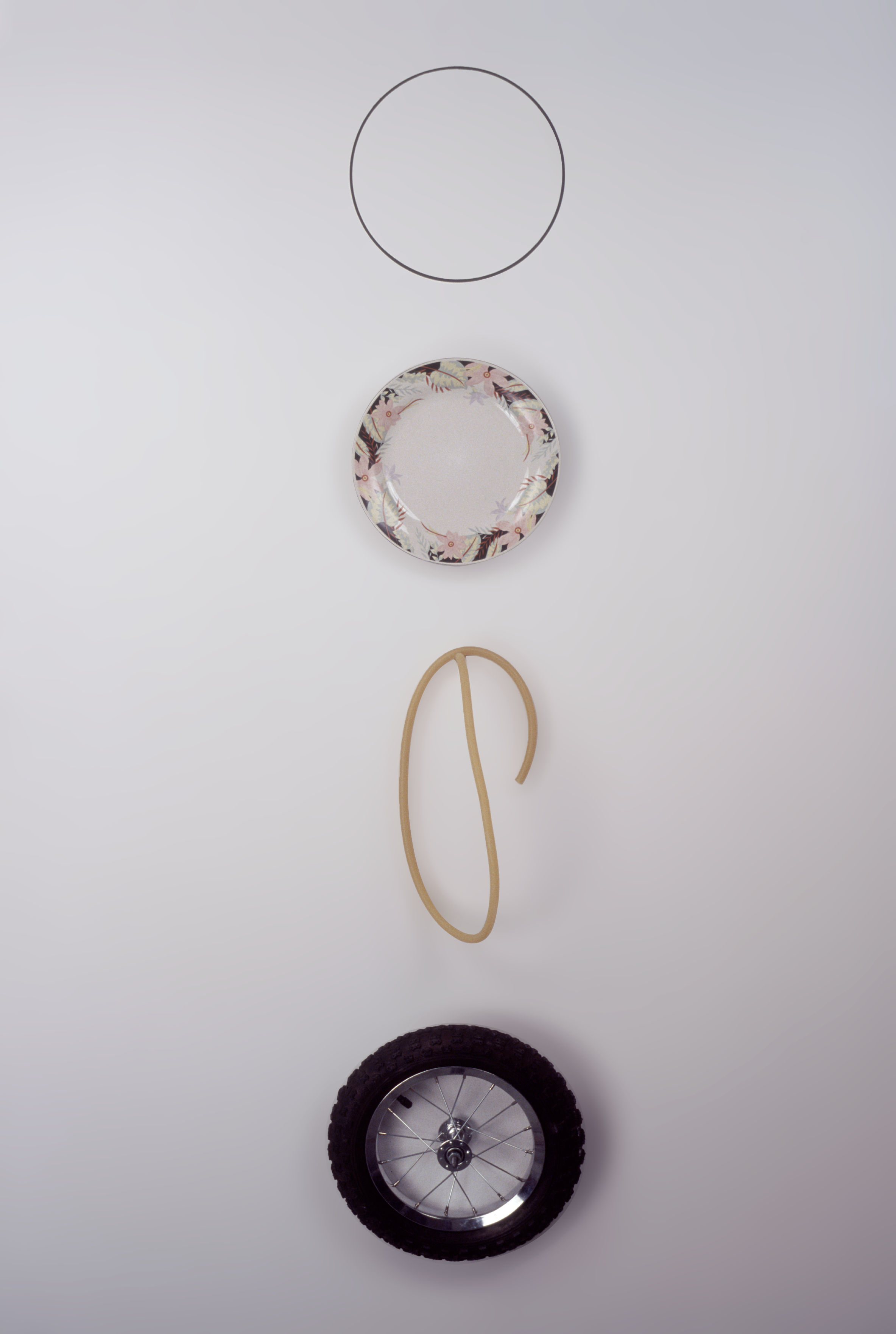 “Man” Marker on wall, Plate on wall, Latex tube on wall, Bicycle wheel on wall, Dimensions variable 2001