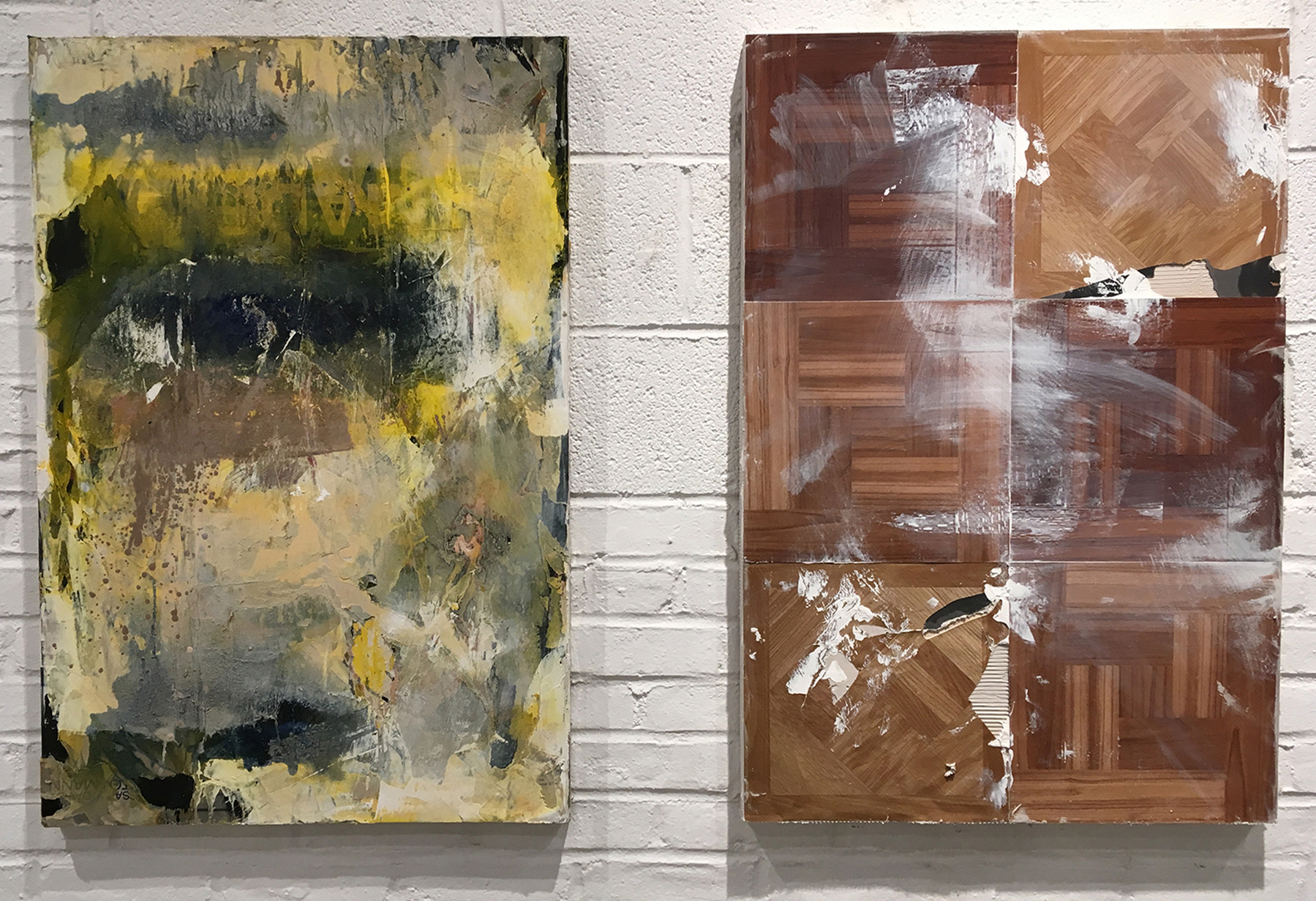 "Break A Crazy Leg" oil on movie posters, oil on linoleum tiles 36 x 24 in. each 2018