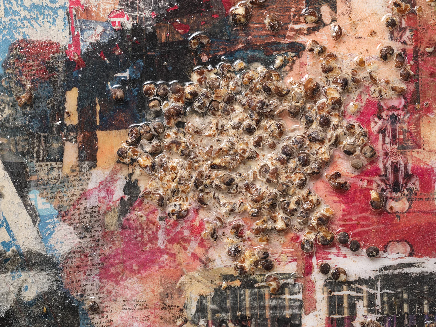 “A Tempest Diptych (after Leonardo da Vinci)” detail Gandules and epoxy resin on found commercial print 112 x 48 in. 2016