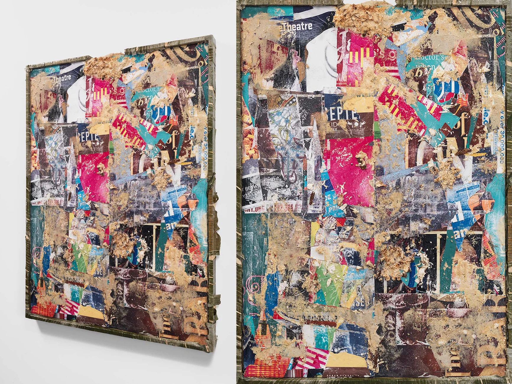 “Eye Level (after Stuart Davis)” frontal and angled views Yucca and epoxy resin on found billboard advertisements; banana leaves and epoxy resin on wood 49¼ x 37¾ x 2½ in. 2016